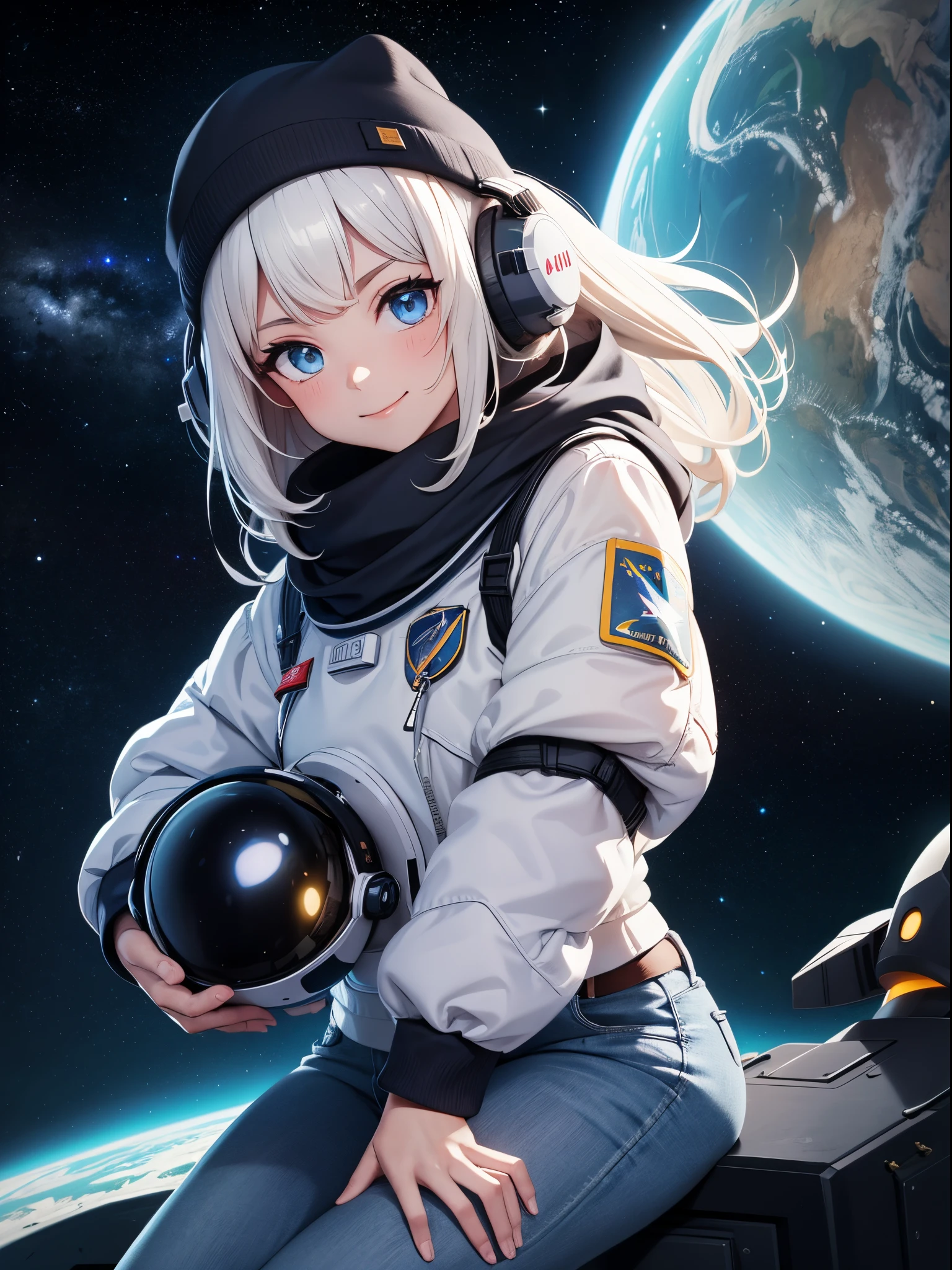 Best Quality, High resolution, distinct image, Concept art, nigh sky, Stars, Moon, girl, Smile, hair, Eyes, Mouth, Hands, Feet, Clothing, jeans, T-shirt, scarf, hat, spaces, Spaceship, space suits, space astronaut, planet, Galaxy, Beautiful, Cute, Cozy, natural, Dreamy, Relaxed, glinting, lovely