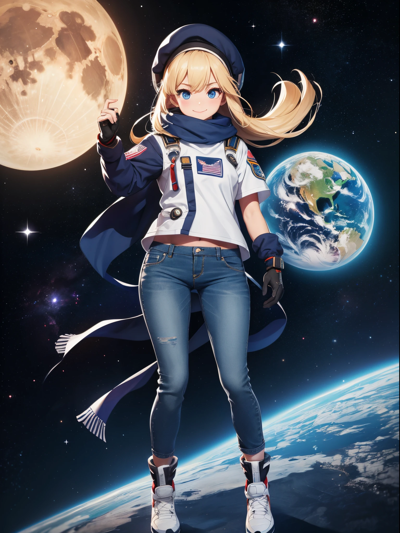 Best Quality, High resolution, distinct image, Concept art, nigh sky, Stars, Moon, girl, Smile, hair, Eyes, Mouth, Hands, Feet, Clothing, jeans, T-shirt, scarf, hat, spaces, Spaceship, space suits, space astronaut, planet, Galaxy, Beautiful, Cute, Cozy, natural, Dreamy, Relaxed, glinting, lovely