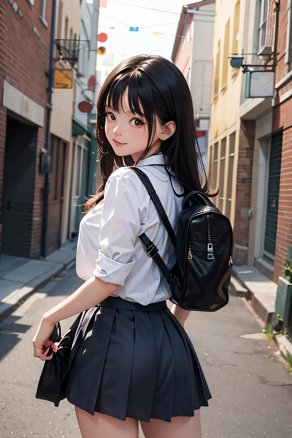 very cute and beautiful school girl,(very detailed beautiful face and eyes:1.2),
Smile,Black hair,(Mini skirt),(Cowboy Shot),(From below),Looking back,from behind,Leaning forward,Beautiful legs,
Back alley,building brick wall,Dynamic Angle,
(Best Quality,masutepiece:1.2),Intricate details,Extremely detailed,hight resolution,1 girl,Solo,Cinematic lighting,