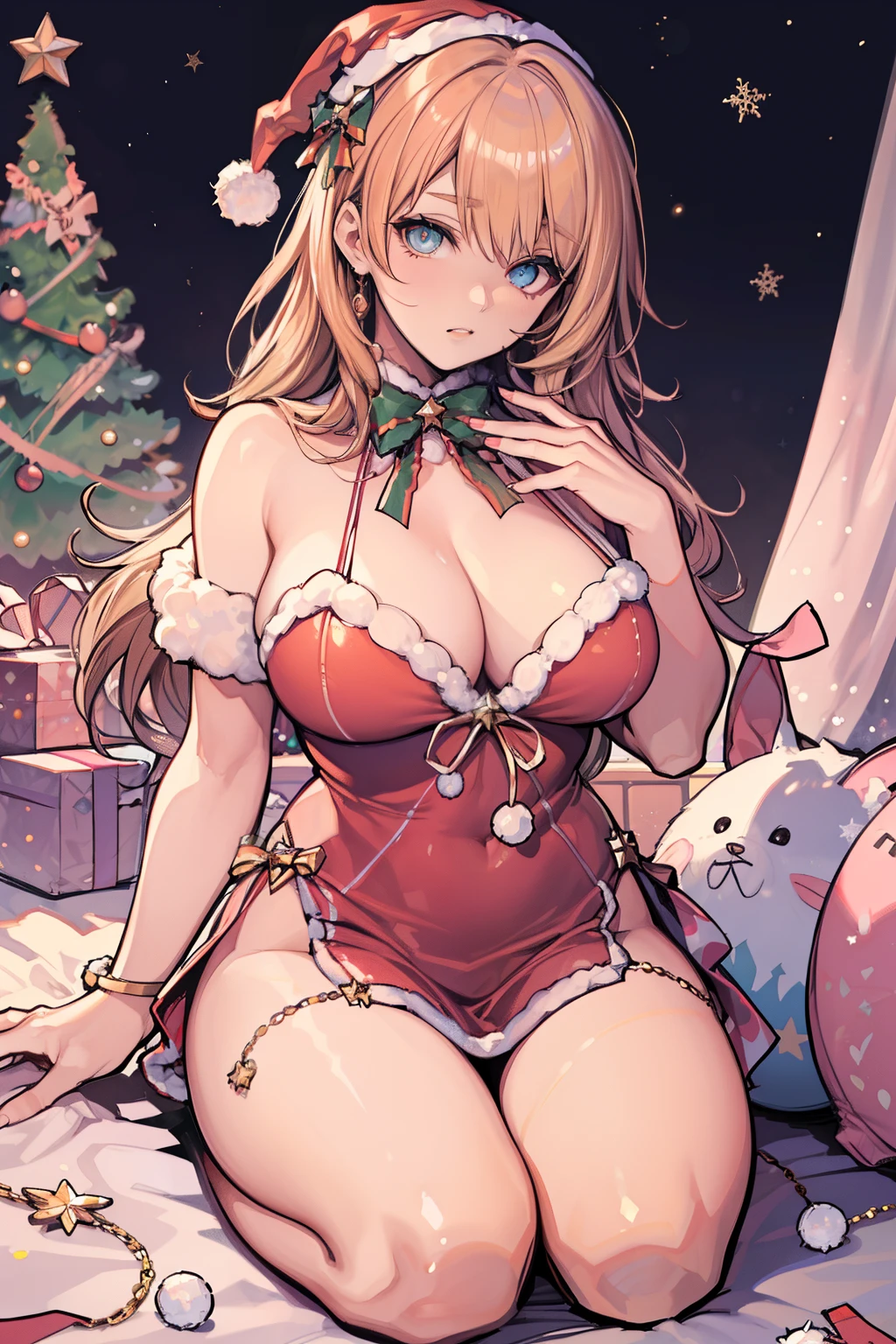 Beautiful woman, radiant eyes, a blond, large full breasts, Christmas Costumes, Christmas Decorations, Christmas tree,