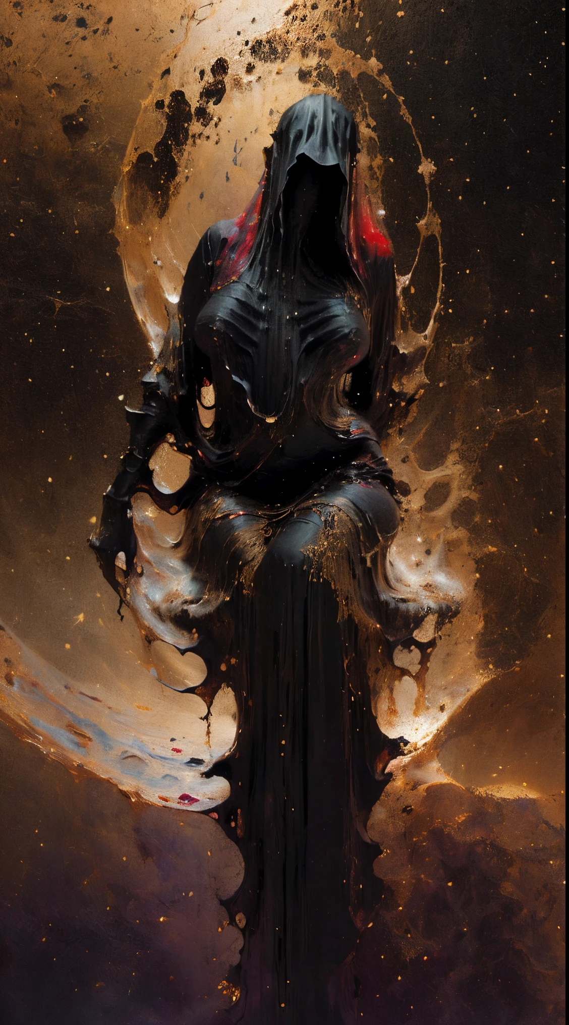 (body formed by galactic liquid mauevine and black metallic paint twisting into a beautiful interpretation of the female figure), au naturel,((complex galactic metallic colours in the foreground)), (( fluid mechanics, the loveliest smooth scale face makeup, smirky expression)) - red, black and gold, onyxia, metallic color palette g0s1