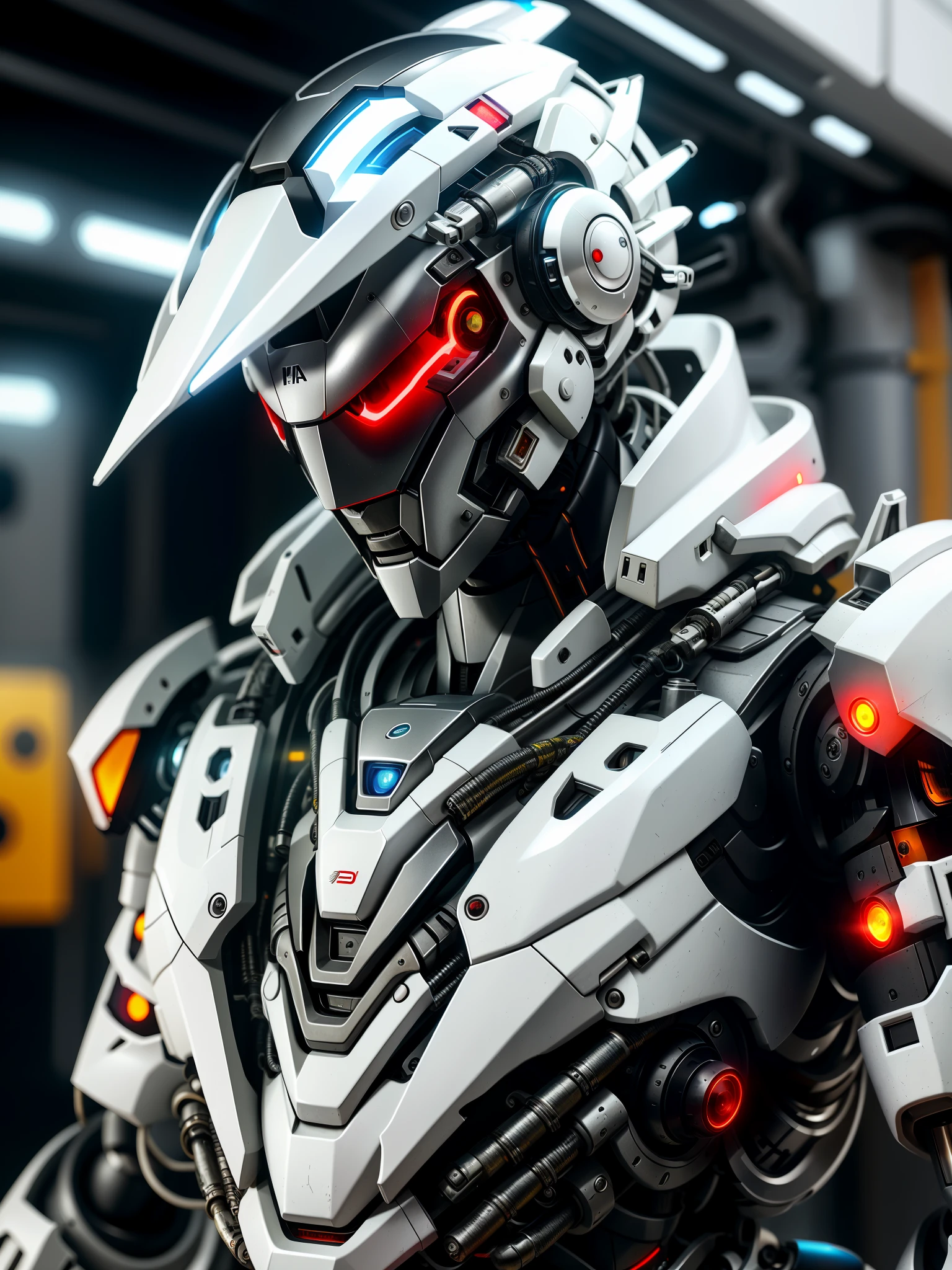 araffe robot with a helmet and a red eye, portrait of a futuristic robot, close-up portrait of cyborg, in white futuristic armor, detailed portrait of a cyborg, with futuristic gear and helmet, cybernetic and highly detailed, cyborg robot wearing vr headset, cybernetic cyborg warrior, movie still of a cool cyborg, portrait of cyborg