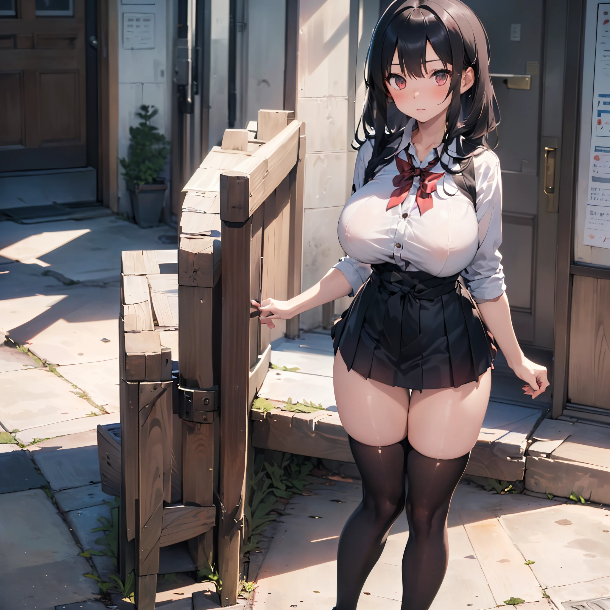 (1 girl standing:1.3), (solo:2.0), (huge perky breasts:1.7), (thin waist:1.3), (thin long legs:1.5), (black thighhighs:1.3), (very short mini skirt:1.5), nose blush, school uniform