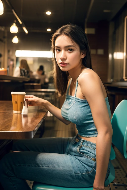 8K, Raw photo, Best Quality, 超A high resolution, Photorealistic, Realistic photo of a girl in a crop top, Bare shoulders, jeans, Sitting in the dining room, Beautiful, Detailed face, Detailed, hight resolution, Realistic, Photorealistic, Full body, Head to toe, Legs, Matte skin, pores, wrinkle highly detailed CG unified 8K wallpaper), photo of the most beautiful artwork in the world, Professional Majestic (photographed:Steve McCurry), 8K UHD, Digital SLR, Soft lighting, High quality, Film grain, Fujifilm XT3 sharp focus, F 5.6, high detailing, Sharp Focus, Dramatic, (Looking at Viewer:1.2), (Natural light)