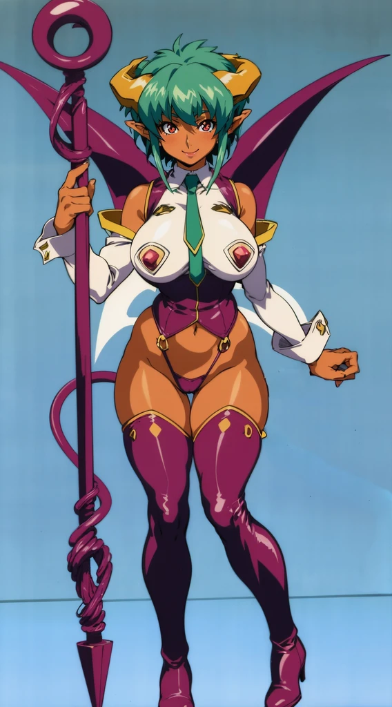 large breasts, thick thighs, vipergts,dark skin,horns,wings,pointy ears,demon girl,demon tail,red eyes, green hair, short hair, , shiny skin,, full body, pants, corsep, pullover,boots,vest,, staff holding, smile, full body, medieval village in europe, refsheet