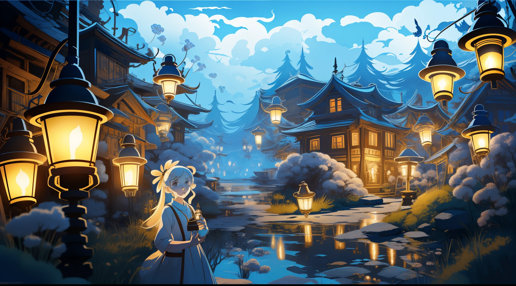 Illustration of a girl with a white rabbit tail holding a kerosene lamp,Horizontal plates, Studio Ghibli style ghosts, concept-art, Detailed digital 2D fantasy art, Digital 2D Fantasy Art, Magic Fantasy 2D Concept Art, spirit fantasy concept art, Cute and detailed digital art, Concept Art of Game, very coherent stylized artwork