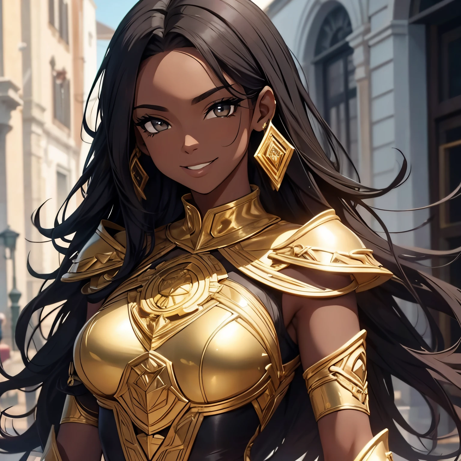 1 mulher negra. Cabelo preto comprido e liso. Deusa. Roupas de luta africana em couro, pretas com detalhes em ouro. Tatuagens tribais pelo corpo. Olhar imponente. Olhos amarelos e brilhantes. Olhos detalhados. Sorrindo. athletic. Corpo inteiro. Postura imponente