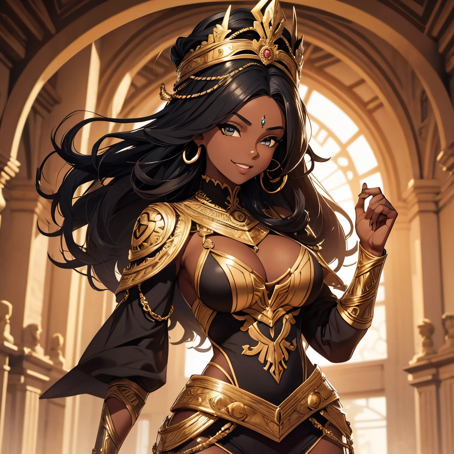 1 mulher negra. Cabelo preto comprido e liso. Deusa. Roupas de luta africana em couro, pretas com detalhes em ouro. Tatuagens tribais pelo corpo. Olhar imponente. Olhos amarelos e brilhantes. Olhos detalhados. Sorrindo. athletic. Corpo inteiro. Postura imponente