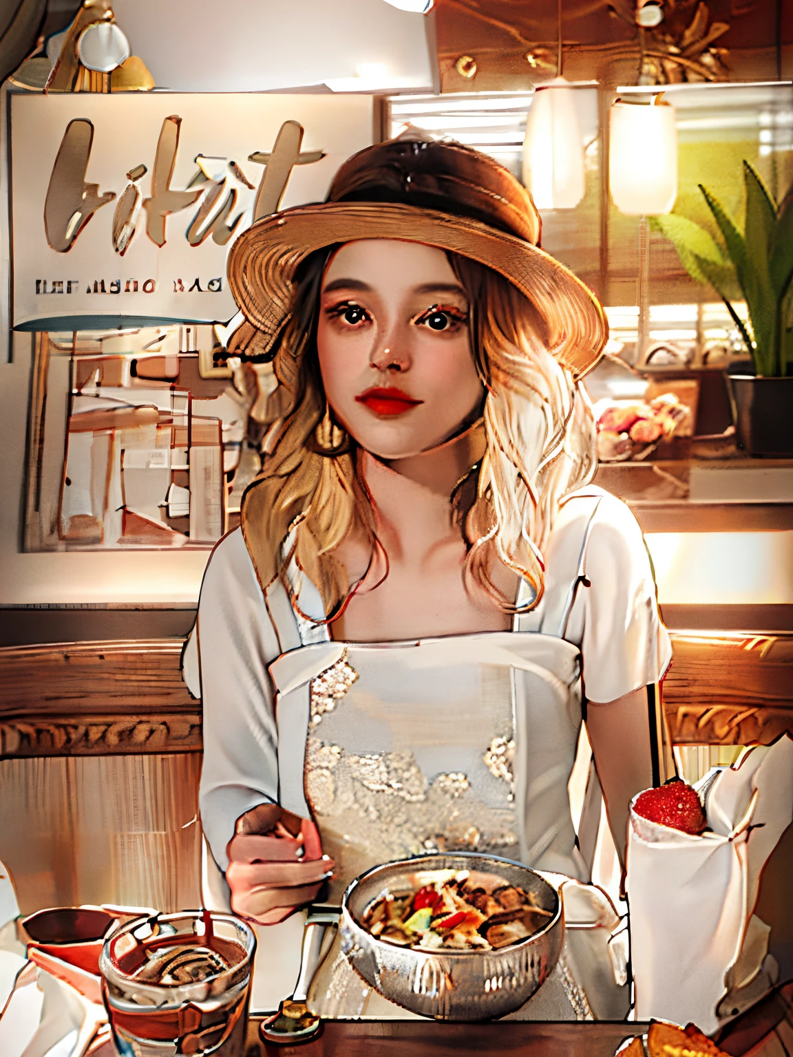 (tmasterpiece:1,2), Best quality at best, tmasterpiece, The content is very detailed, perfect litthing,(extremely detremely detailed CG:1.2), 8K,Woman sitting at table holding bowl of food,makeup