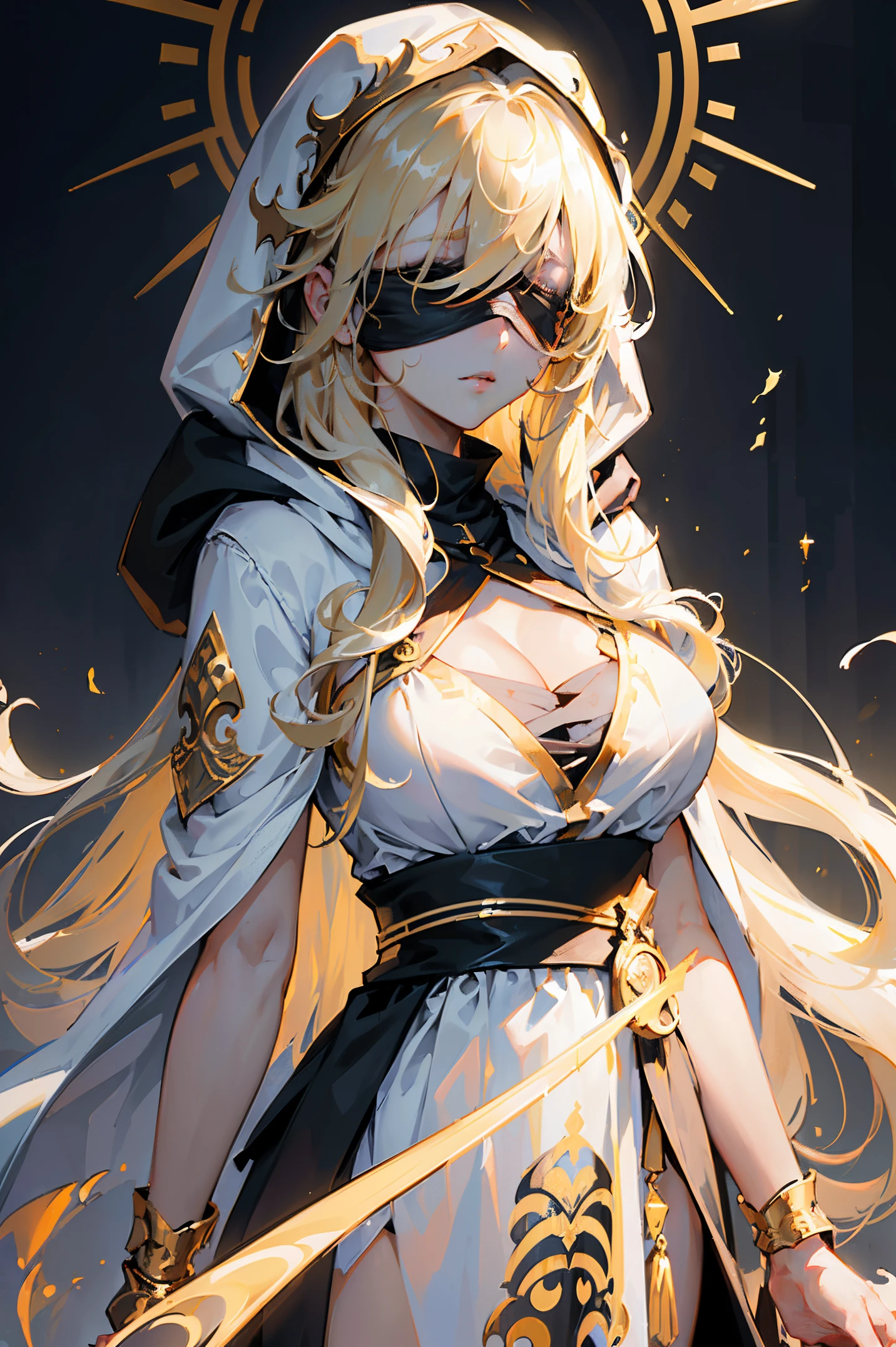 (masterpiece, top quality, best quality, official art, beautiful and aesthetic:1.2), 1girl, priestess, long light blonde hair, messy hair, (wearing black blindfold:1.3), large breasts, cleavage, (white revealing robe, gold trim), (white hood:1.2), extreme detailed, colorful, perfect face, upper body, HDR, (light streaks), striking visuals, vibrant colors, temple background