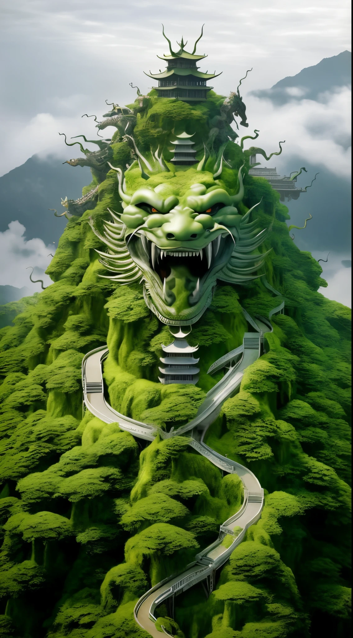 French-German image of a dragon's head on a mountain with a path, Green Dragon, Plant Dragon Robot, massive green dragon!!!, majestic japanese dragon, Detailed digital 3D art, chinese dragon concept art, amazing wallpapers, Extremely detailed digital art, smooth chinese dragon, stunning digital art, Dragon Art, ultra detailed Digital art, Great digital art with details