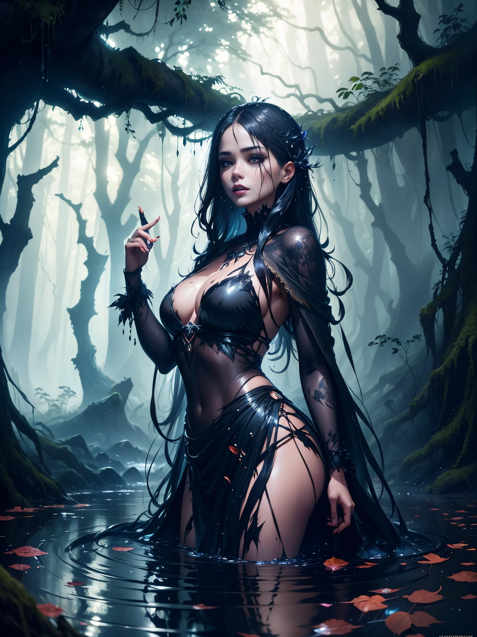 Natural river in ancient forest, Mirror reflection on the river, maam, gorgeous beautiful face, ，Covered with leaves and splashing water, Black makeup and black lipstick, dark ambiance, Concept art by Wadim Kashin, Art germ