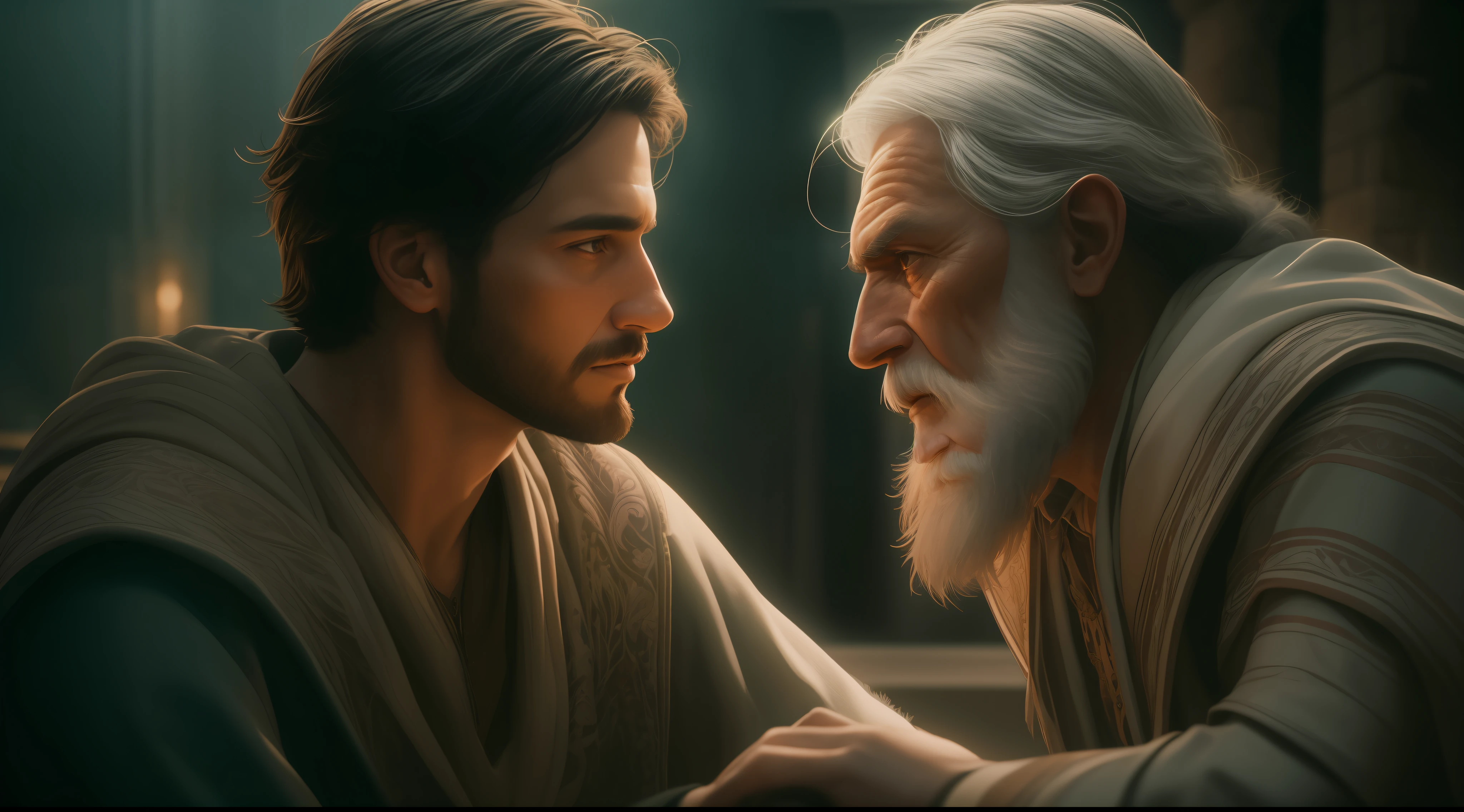 A memorable scene from an ancient city, onde um jovem, 30 anos, com cabelos pretos curtos e olhos castanhos, has a deep conversation with a grey-haired, long-bearded old sage. The environment is immersive with realistic details and the lighting is perfect for adding drama and depth to the scene., Foto escura: Realistic epic, Soft cinematic portrait, Adobe Lightroom, photographic lab, altamente detalhado, desbotado, (Cores Neutras: 1.2) , (HDR: 1.4) , (cores suaves:1.2), alto detalhamento, ( art-station:1.4), cinemactic, luzes quentes, dramatic light, (detalhes intrincados:1.1), Antecedentes complexos, (Rutkowski:0.66), (azul e laranja:0.4)