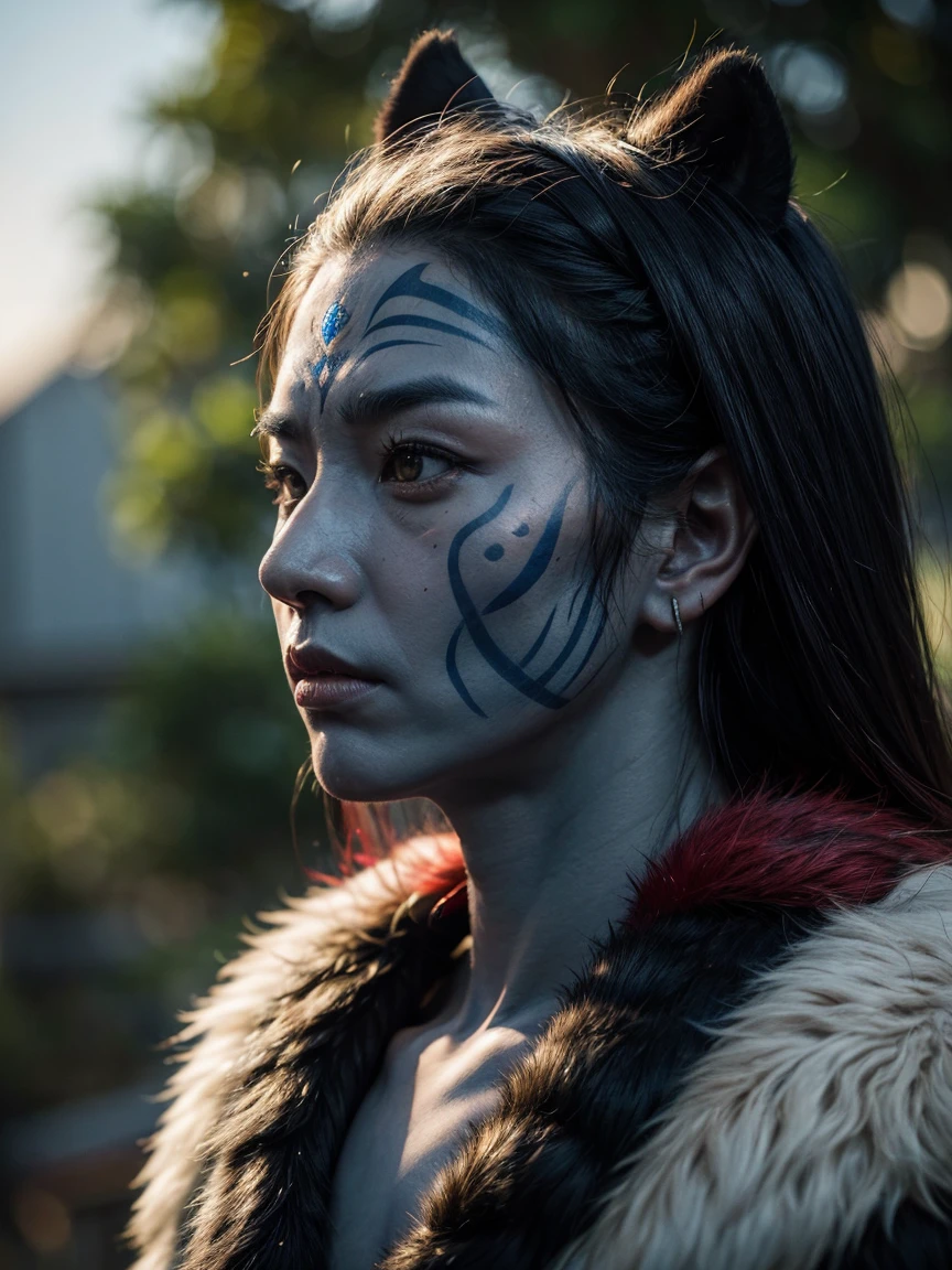 portrait photo of a asia old warrior chief, tribal panther make up, blue on red, side profile, looking away, serious eyes, 50mm portrait photography, hard rim lighting photography--beta --ar 2:3 --beta --upbeta