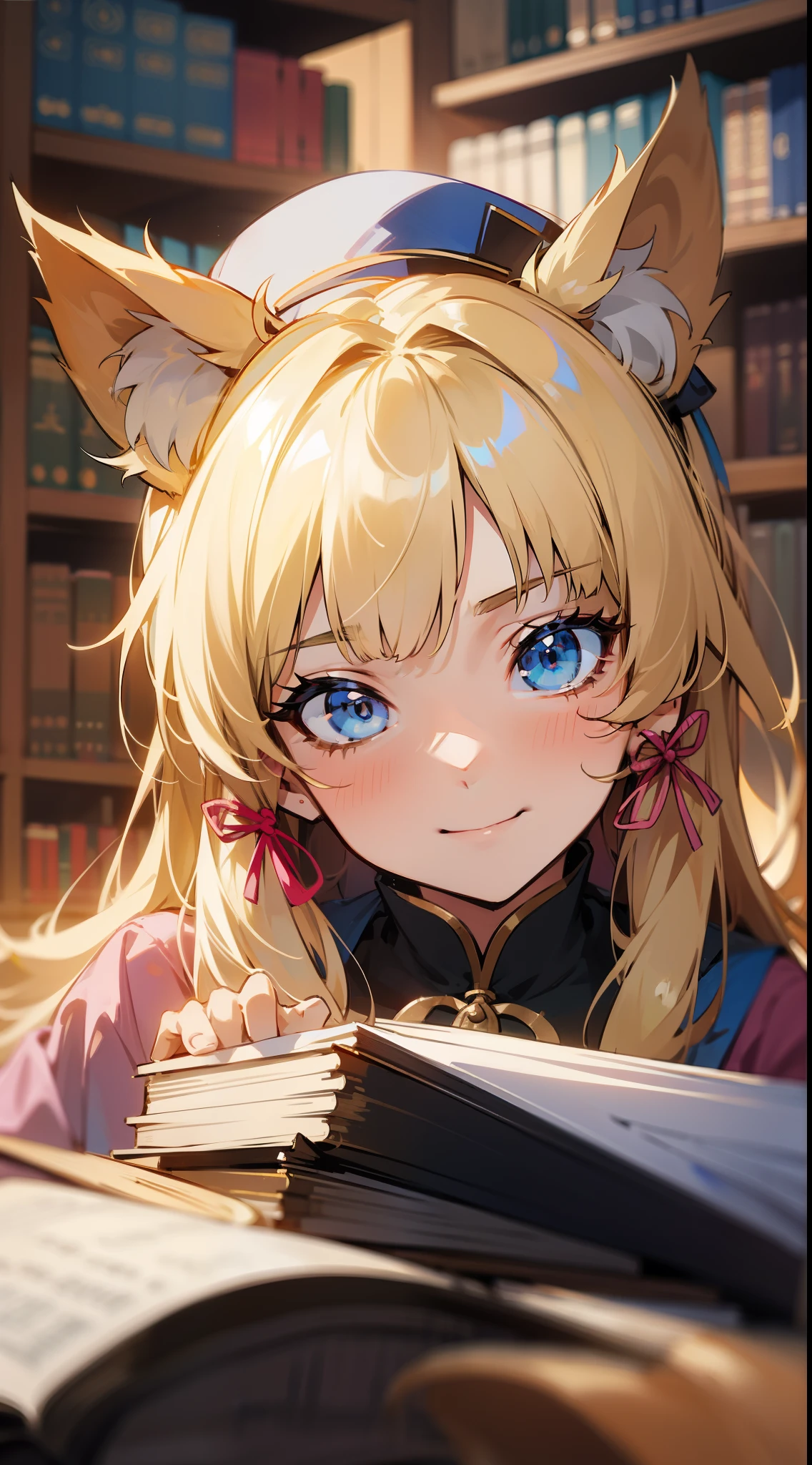 (Medium portrait:0.7), (best illuminate:1.1), (coiffed blonde hair:1.1), 1个Giant Breast Girl, Wolf ears, serious smile, Complex:0.6, medium, (ayaka:1.2), in the middle of the library, looking at book, Chopping:0.8, (canineteeth:0.4)