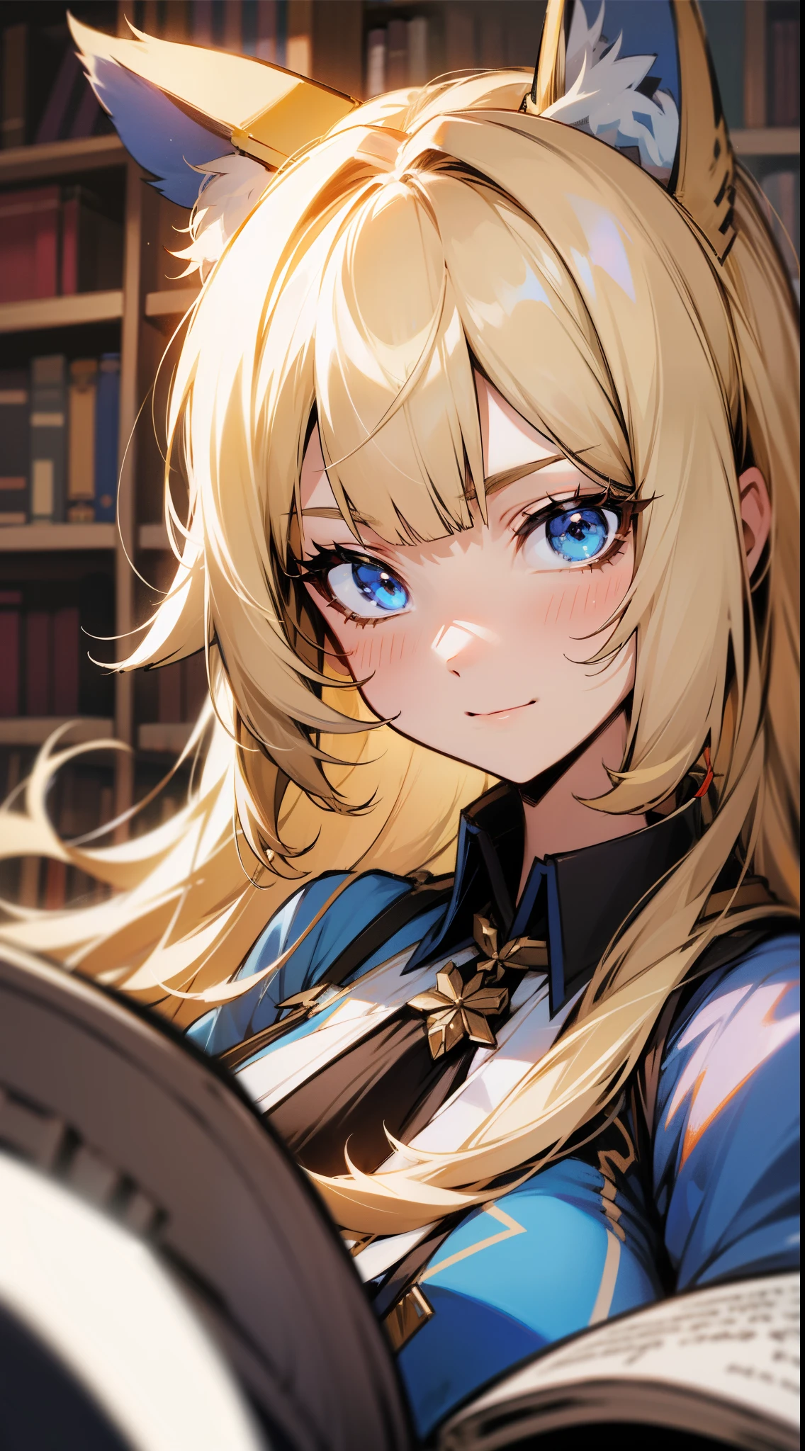 (Medium portrait:0.7), (best illuminate:1.1), (coiffed blonde hair:1.1), 1个Giant Breast Girl, Wolf ears, serious smile, Complex:0.6, medium, (ayaka:1.2), in the middle of the library, looking at book, Chopping:0.8, (canineteeth:0.4)