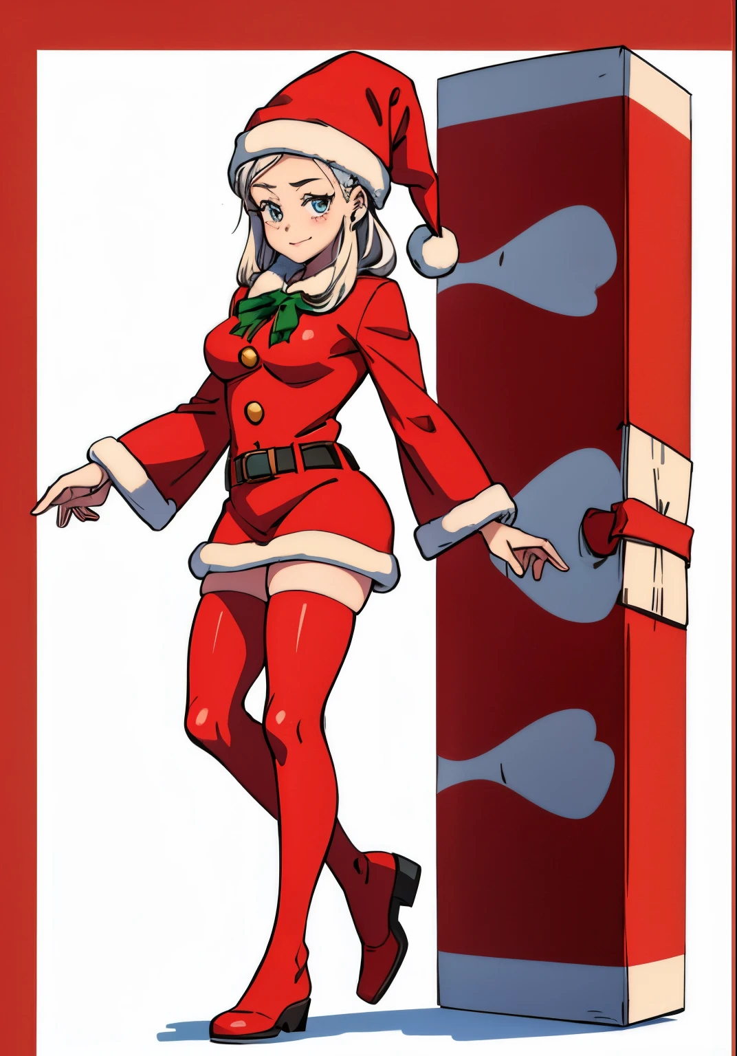 Clover, totally spies, blue eyes, blonde hair, santa outfit, standing, pussy, front door, black boots, santa hat, smile, half-closed eyes, long sleeves, black belt, open mouth, looking at viewer, resting on door frame