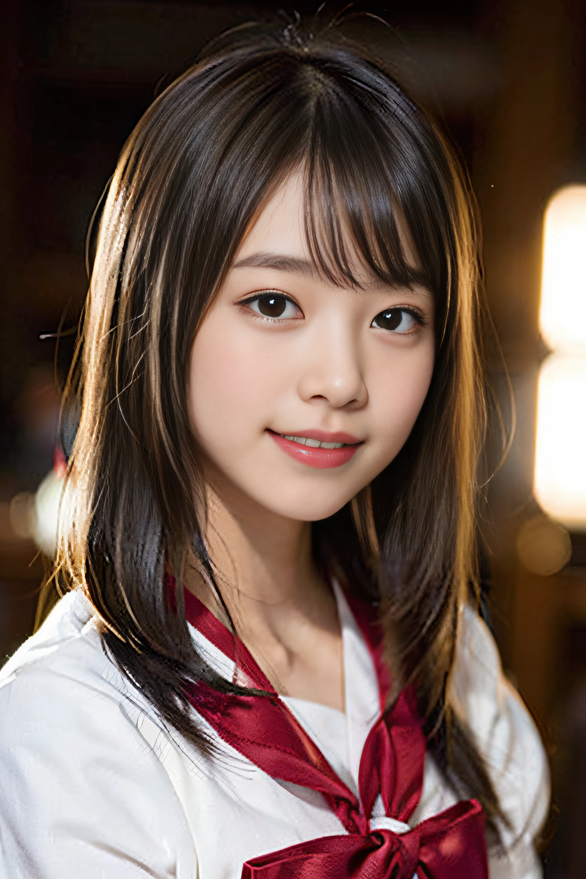 (8K、Raw photography、top-quality、masterpiece:1.2)、(realisitic、Photorealsitic:1.37)、ultra-detailliert、超A high resolution、女の子1人、see the beholder、beautifull detailed face、A smile、Constriction、(Slim waist) :1.3)、Beautiful detailed skin、Skin Texture、Floating hair、Professional Lighting、Whole human body、Longhaire、a blond、japanese hight school uniform、a sailor suit、matriculation、、Bob Hair、E-cup、Happy smile、、Red ribbons、a baby face、Childisuppin、Moisturizing lips、Light pink lip、and taiko drums