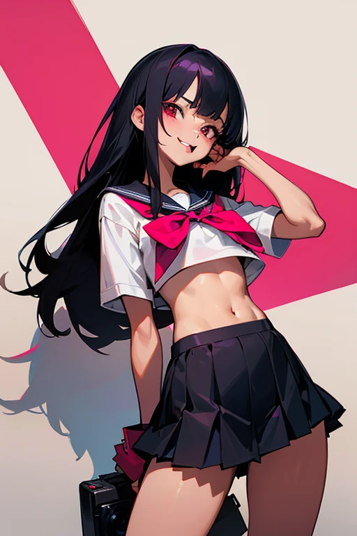 ((masterpiece、Highest quality、Very detailed))、One girl、Black Hair、Long Hair、blunt bangs、Grey Eyes、evil smile、((open mouth))、((Sticking out tongue))、((lots of piercings))、Small breasts、((serafuku:1.3))、belly button、((stripe panties))、Cowboy Shot、Bedroom Background