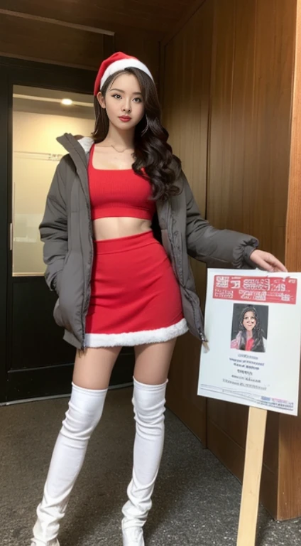 A woman with the same face as last time,1Man Woman、Slender Abs、Loose wavy styling、Please express it beautifully in every detail.................full body Esbian.Attractive position、parka、knee high socks、a miniskirt、santa claus、 Including face and skin texture.,Detailed eyes,Seducting look
