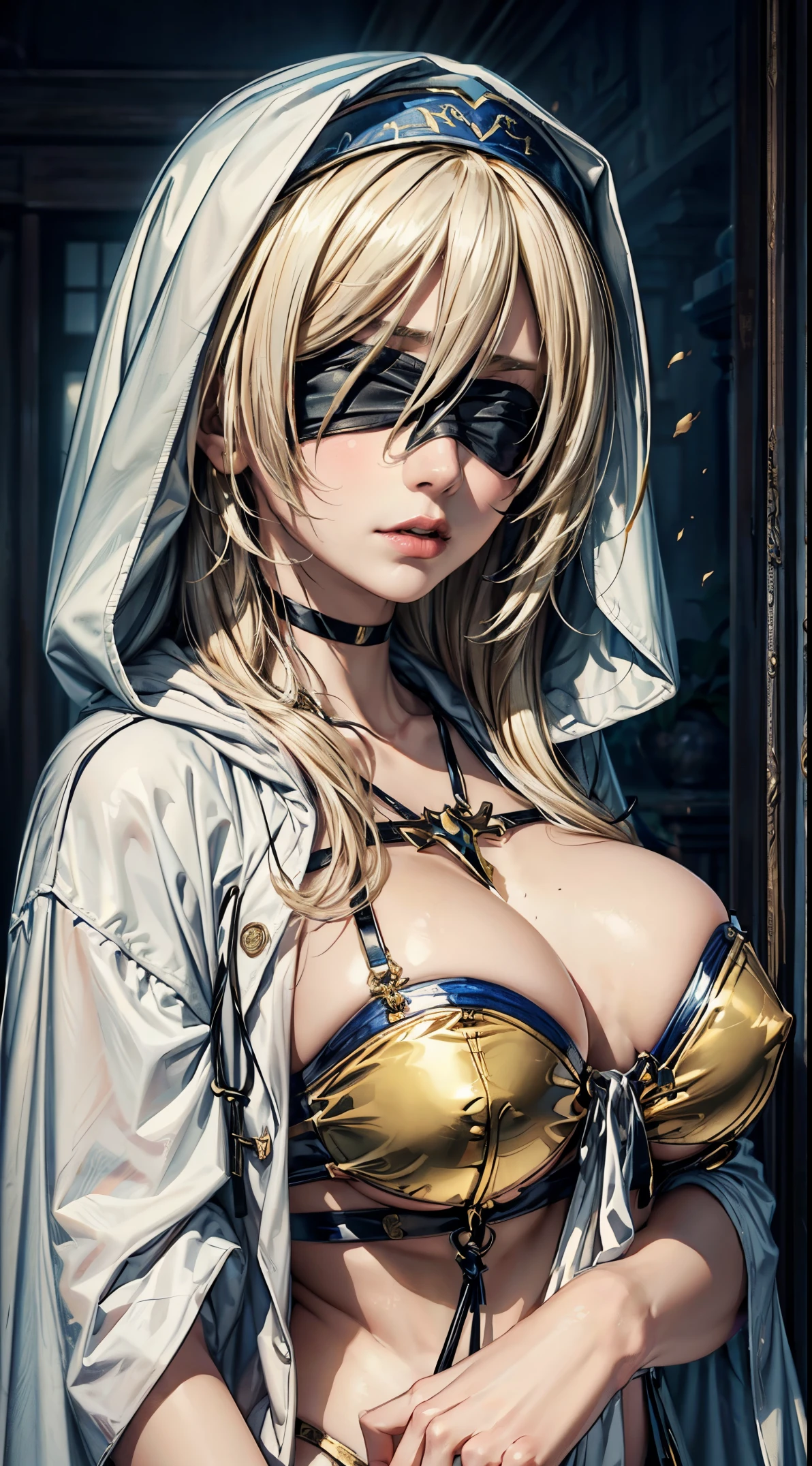 (masterpiece, top quality, best quality, official art, beautiful and aesthetic:1.2),full body, 1girl, priestess, long light blonde hair, messy hair, (wearing black blindfold:1.3), large breasts, cleavage, (white revealing robe, gold trim), (white hood:1.2), extreme detailed, colorful, perfect face, upper body, HDR, (light streaks), striking visuals, vibrant colors, temple background