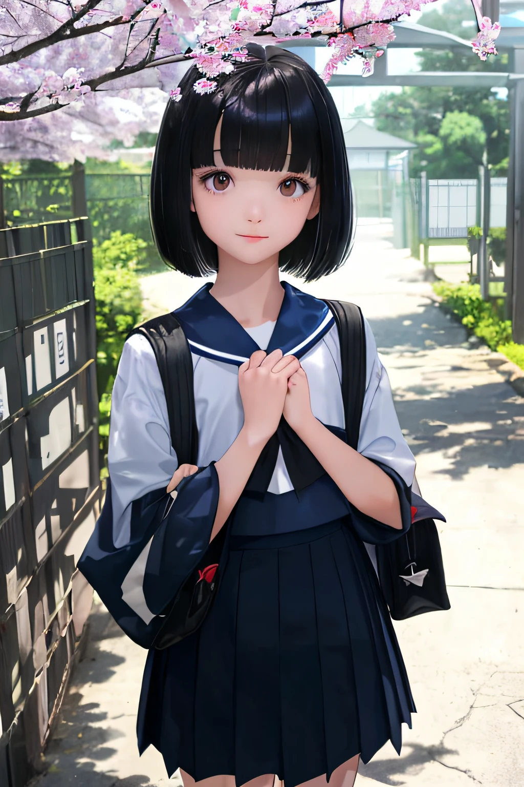 elementary student、A dark-haired、Black eyes、bob cut hairstyle、Cut the bangs parallel to each other、 Blue sailor suit、clothes that are longer than your body size、School bag、tiny chest、kindly smile、red tide、 {{{{{{The background is the school gate of a Japanese high school...}}}}}}、springtime、The cherry tree、hight resolution、Unity 8k壁纸、Professional、extra detailed face、Perfect Lighting、 extremely details CG、(Perfect hands、Perfect Anatomy)、Entrance Ceremony、Serious girl、Quiet girl、Short、Commemorative photo、standing straight