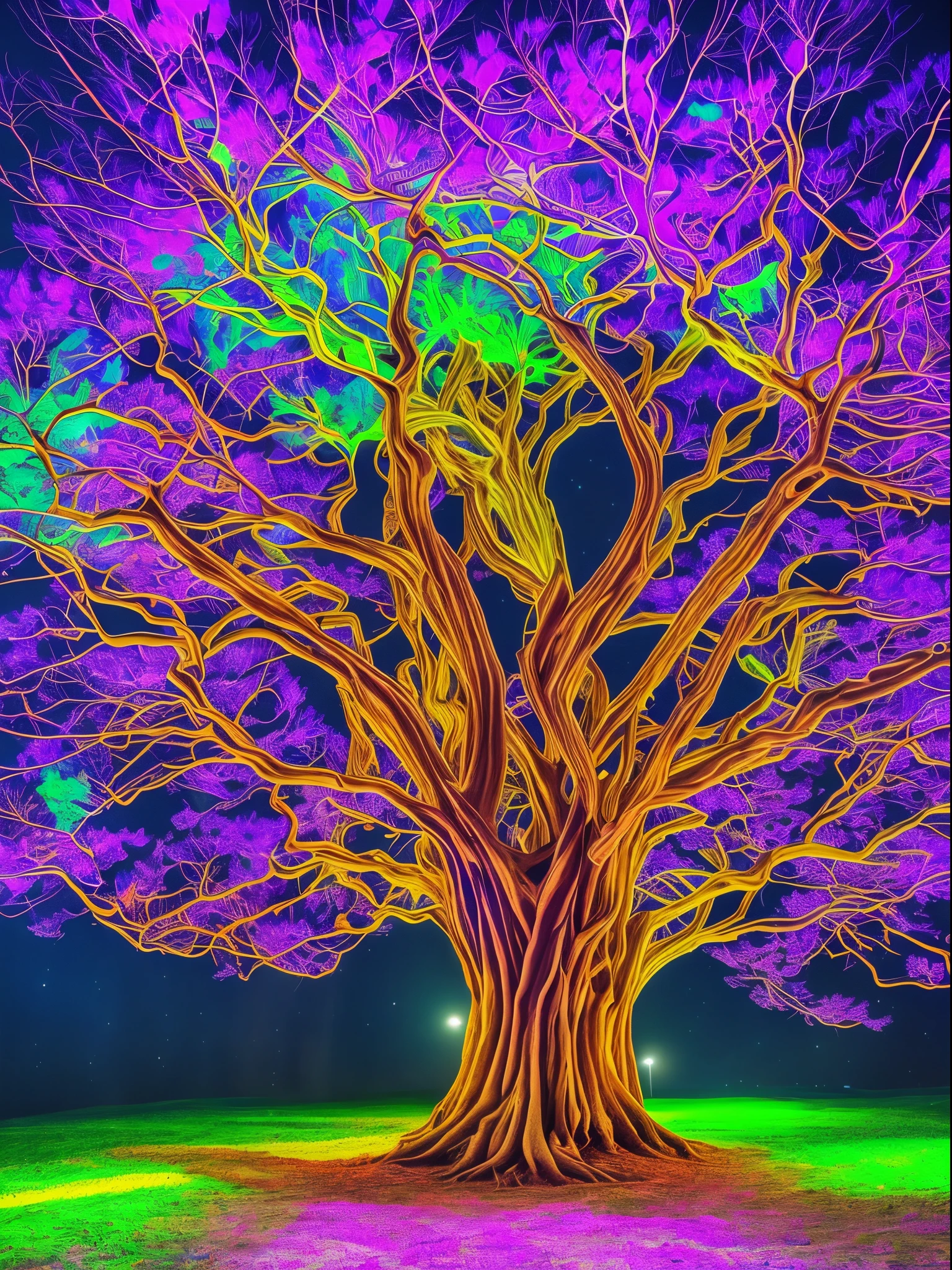 tree with a purple trunk, The Fantasy Tree, The Magic Tree, Beautiful tree, The Magic Tree,  tree fractal, Big Magic Trees, blue and purple lighting, glowing purple, world tree, Violet and blue lighting, Cosmic Tree, blue and purple lighting, Purple volumetric lighting, One tree, Rendered image, Glowing blue --auto --s2