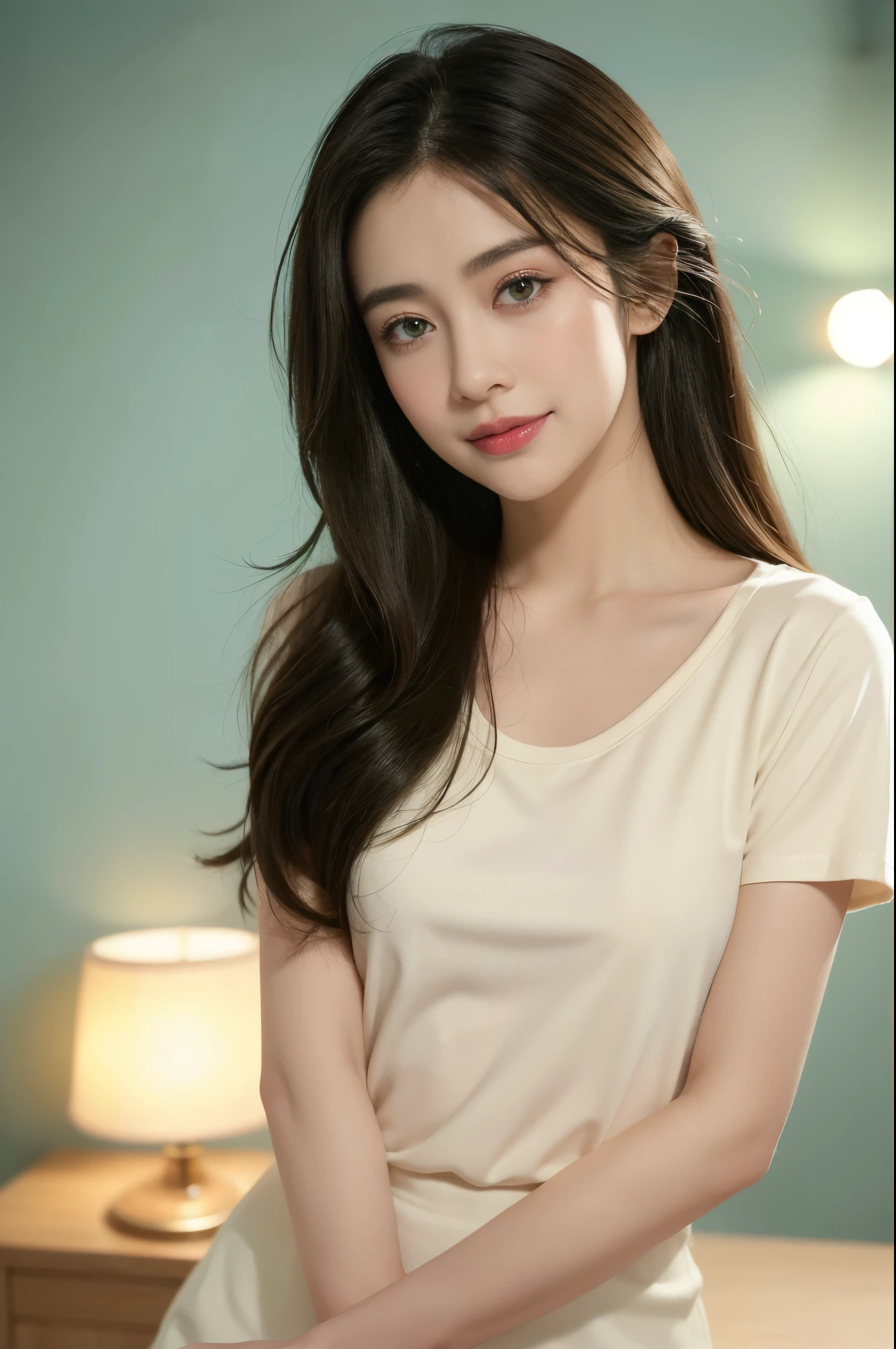 ((((8k))),((Extremely meticulous CG)) ,(wallpaper),16k,((Extremely refined and beautiful)),(((Masterpiece))),(((best qualtiy))),(((Ultra High Resolution))),beautiful light up,Perfect lightning,realistic shaded,[A high resolution],(Smooth and flawless fair skin:1.5),Extremely exquisite facial details,(perfect body:1.1),ultra - detailed,A beautiful girl,solo,small head,(very short black pony tail:1.1),small face,(orgasm face:1.2),(blush:1.3),Exquisite makeup,happy,(smile:1.2),(Small breasts:1.1),Flat chests,slim,thin,happy,(Light beige short sleeved T-shirt:1.3),(slender legs:1.2),(night scene:1.5),In the restroom,bright light,(detailed background:1.5),(blue green background:1.2),standing next to the washbasin,(upper body:1.2),