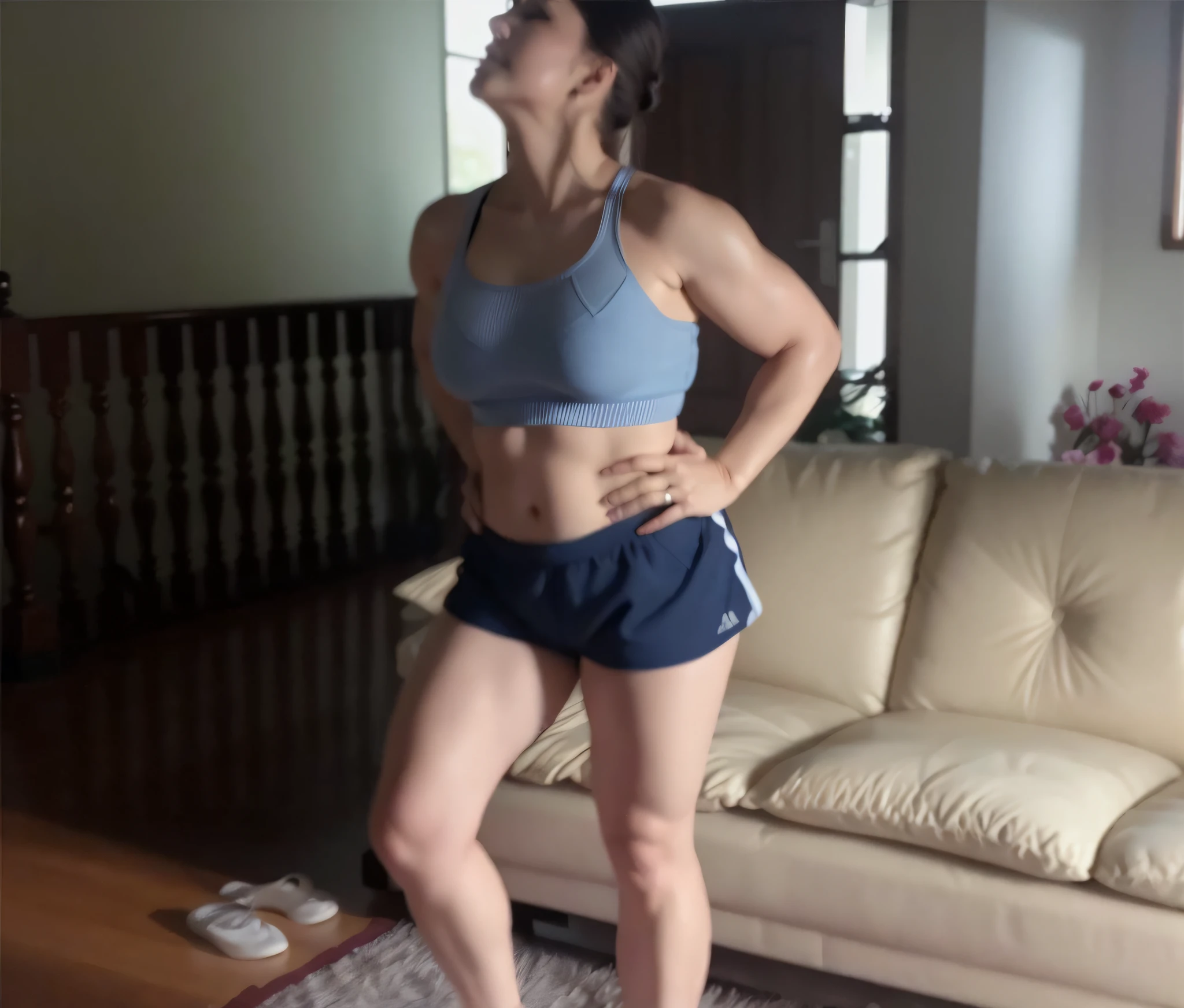 there is a woman standing on a scale in a living room, sport bra and dark blue shorts, sport bra and shorts, Posar e flexionar, in good physical shape, tiro de corpo inteiro, Photo adjustment, Bermuda, tiro no meio do corpo, mid 2 0's female, pose lateral, side view of her taking steps, posando pronto para uma luta, coxas expostas!!!