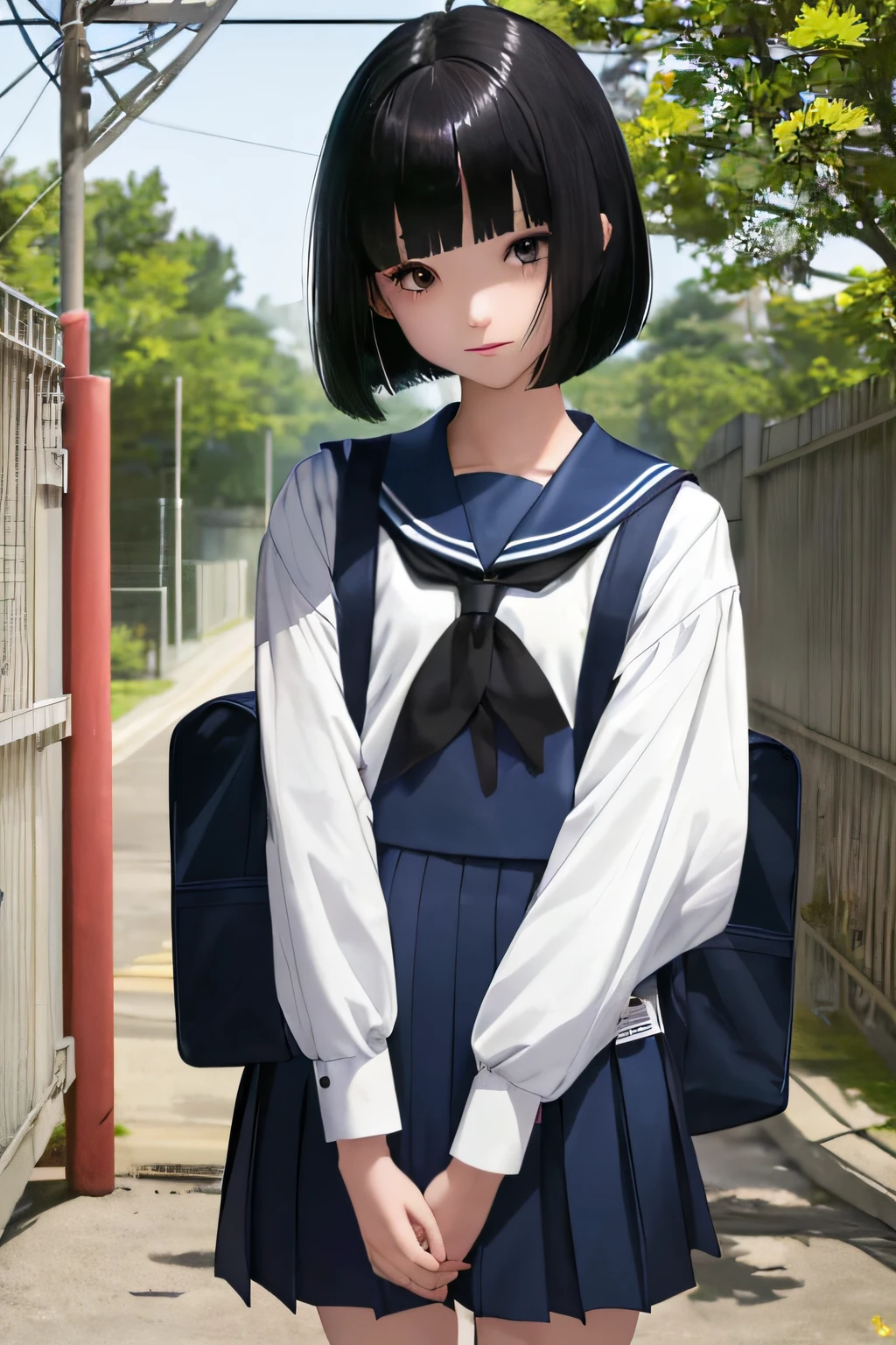 、A dark-haired、Black eyes、bob cut hairstyle、Cut the bangs parallel to each other、 Blue sailor suit、clothes that are longer than your body size、School bag、tiny chest、kindly smile、red tide、 {{{{{{The background is the school gate of a Japanese high school...}}}}}}、springtime、The cherry tree、hight resolution、Unity 8k壁纸、Professional、extra detailed face、Perfect Lighting、 extremely details CG、(Perfect hands、Perfect Anatomy)、Entrance Ceremony、Serious girl、Quiet girl、Short、Commemorative photo、standing straight