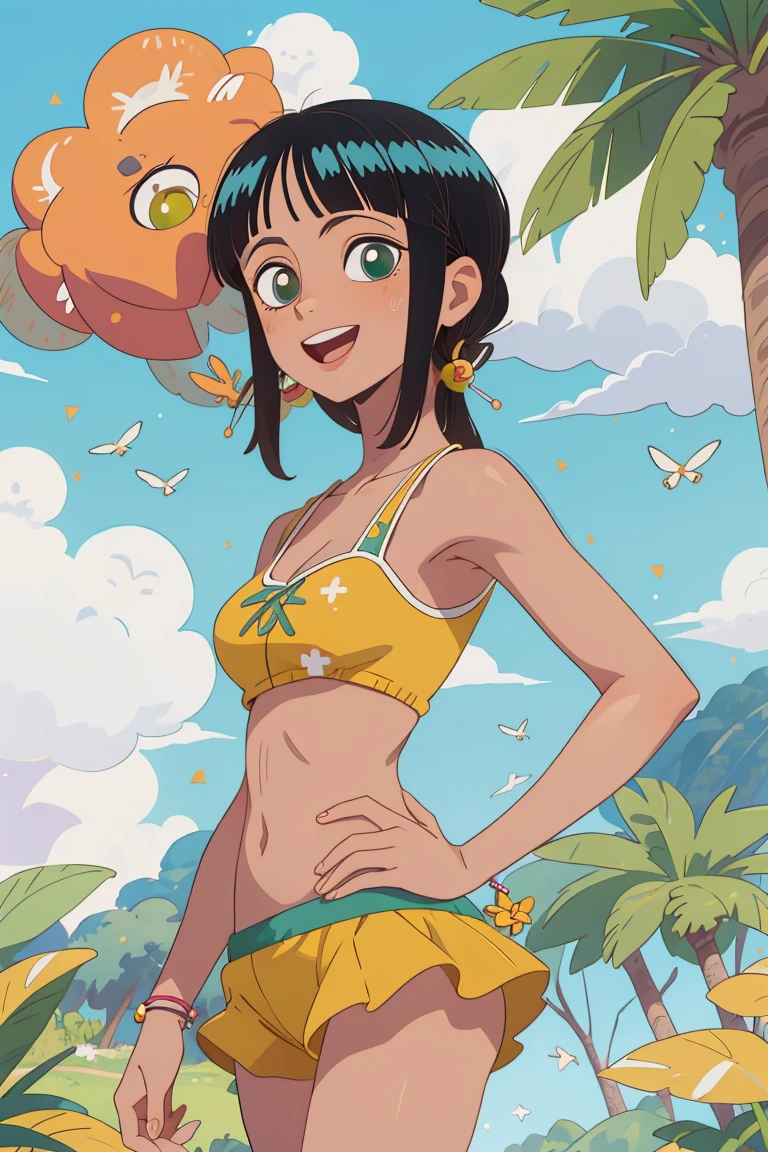 (obra prima),melhor qualidade,Awesome,Detalhe fino.profundidade de campo,belos olhos detalhados, Nico Robin, 1girl,matural female,Feliz,Sorriso leve, sbikini, barriga, seios