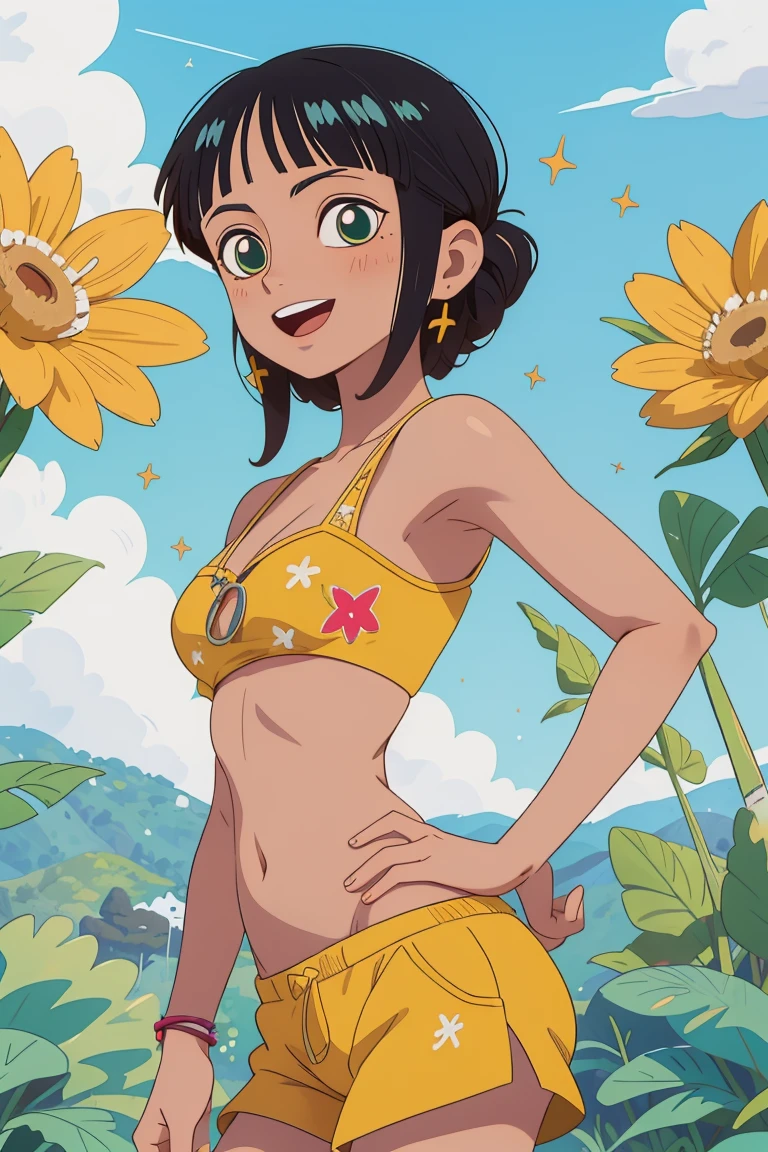 (obra prima),melhor qualidade,Awesome,Detalhe fino.profundidade de campo,belos olhos detalhados, Nico Robin, 1girl,matural female,Feliz,Sorriso leve, sbikini, barriga, seios