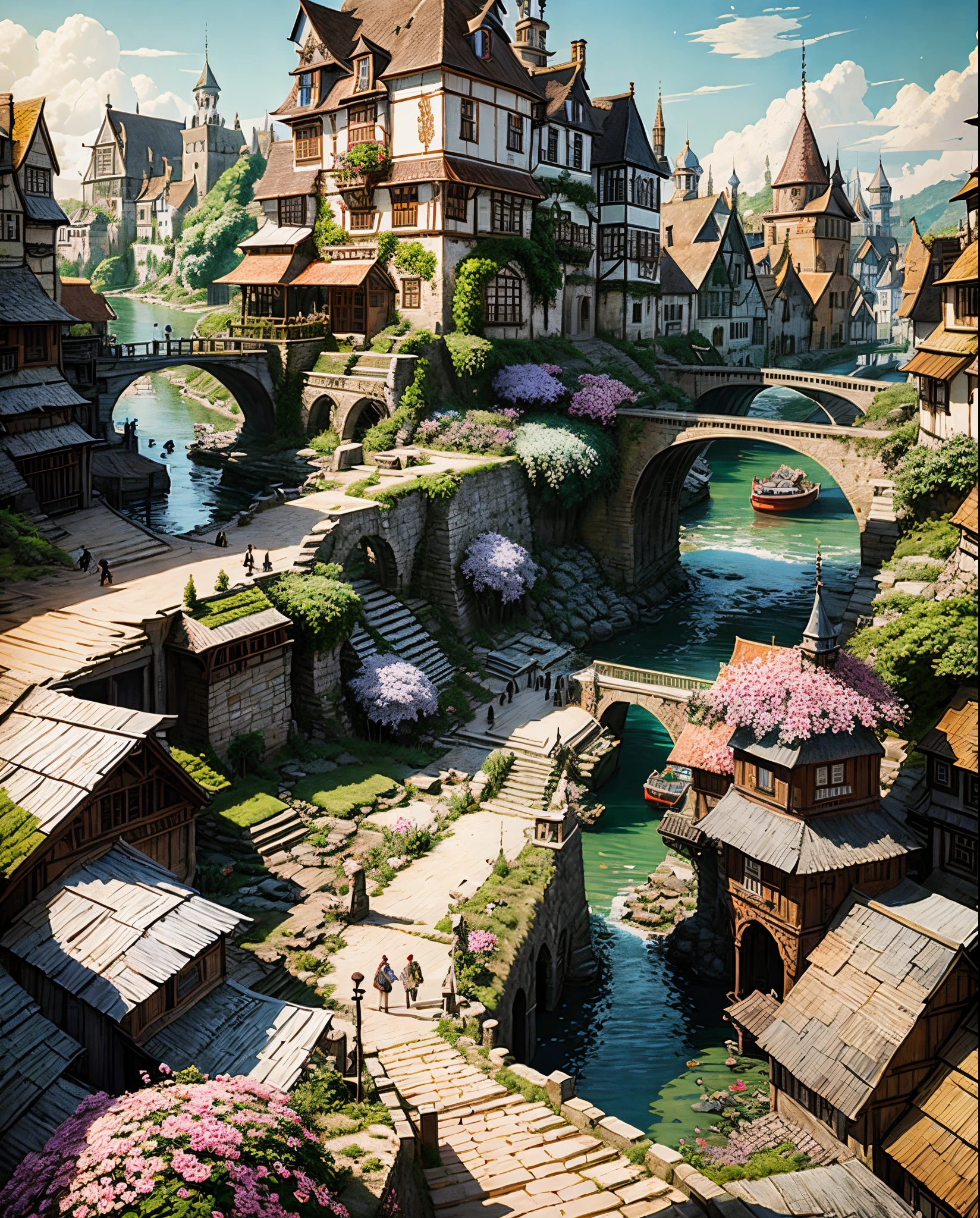 a painting of a river with flowers and a bridge, medeival fantasy town, beautiful detailed scene, highly detailed and beautiful, beautiful insanely detailed, full of colors and rich detail, intricate detailed 8 k, fairy tale place, beautiful cityscape, intricate scenery, incredibly high detailed, detailed scenery, highly detailed beautiful, fantasy town setting, very high detailed, incredible detailed