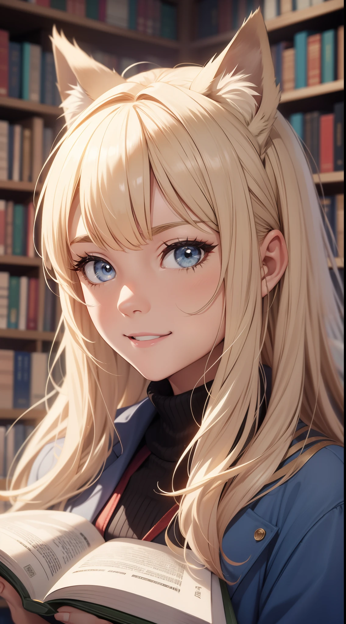 (Medium portrait:0.7), (best illuminate:1.1), (coiffed blonde hair:1.1), 1个Giant Breast Girl, Wolf ears, serious smile, Complex:0.6, medium, (ayaka:1.2), in the middle of the library, looking at book, Chopping:0.8, (canineteeth:0.4)