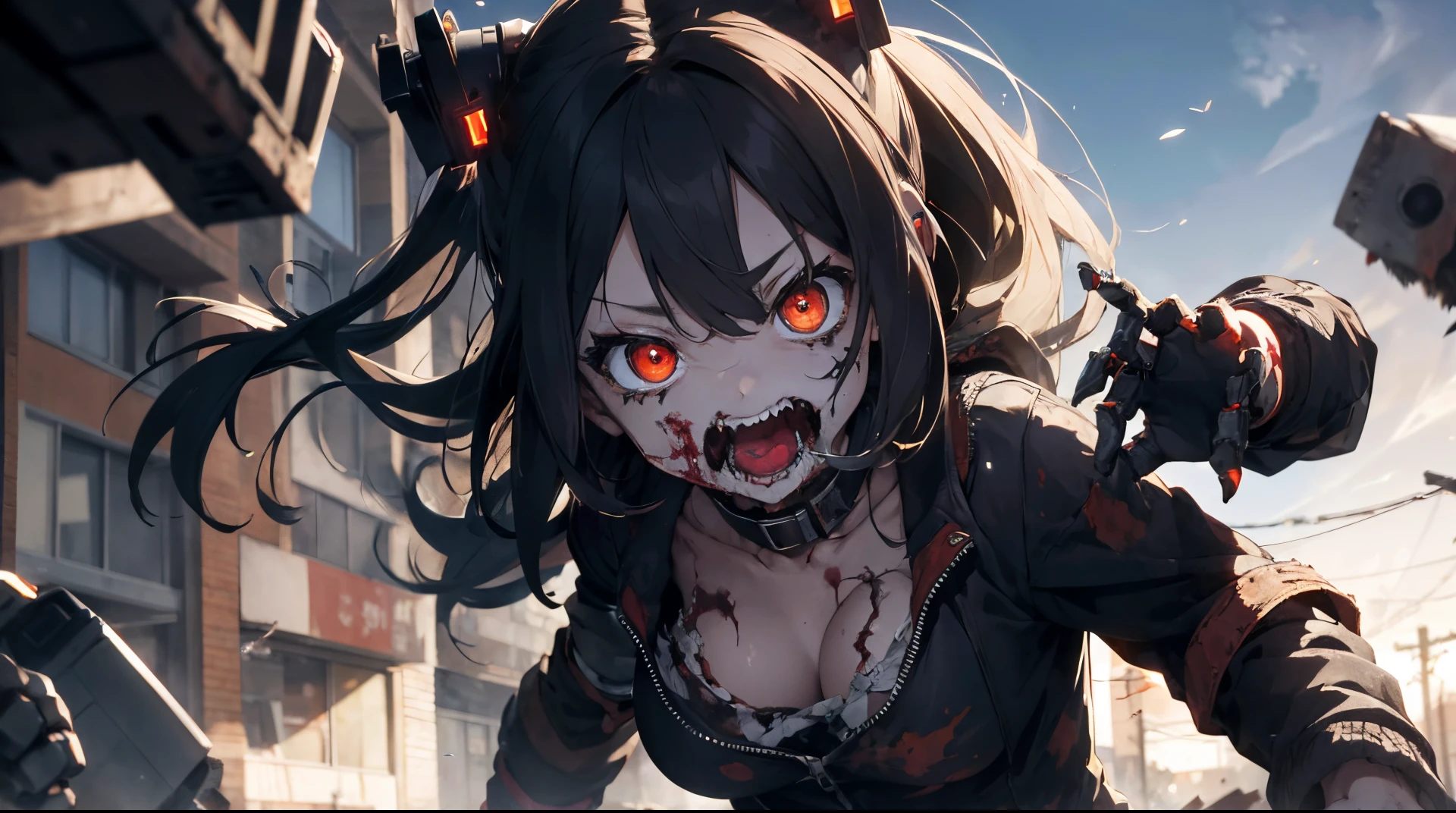 zombie young girl, furiously and greedily tearing the robot's flesh, tearing it into pieces, stripping the robot's body parts