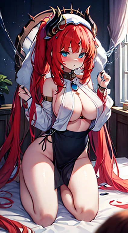 tmasterpiece, Best quality, A high resolution, 8K, ultra - detailed, high high quality, Gamine, Redhead 2D pretty girl,Long hair,explanatory,succubus theme,Kneeling on the bed with bare legs,That girl'Eyes full of love,tear drops,out your tongue, High ponytail hairstyle, 黑The eye, Very huge, cropped shoulders, Bedrooms, pouting, face flushed, bshoulder, upper legs, Lop, 鎖骨, There are huge chestull Body Sweat,Cool clothes,A collar is worn around his neck,There's milk under the bridge