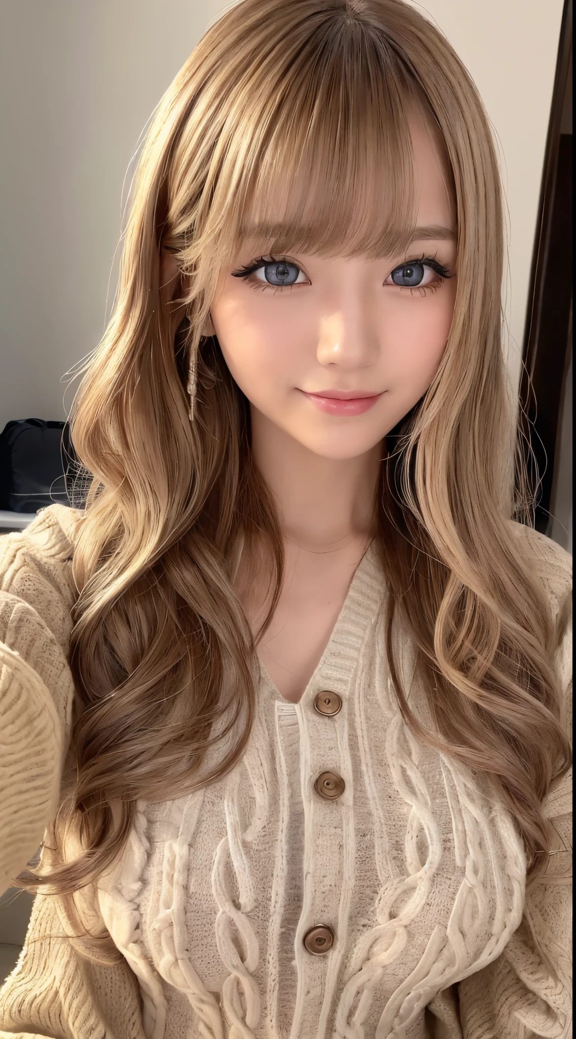 ((a blond、Wavy Hair、With bangs⦆、((Selfie 1.6))⦅smile1.6⦆、Raw photography、⦅middlebreasts⦆、the front、close - up face、⦅Looking at the camera⦆、(((Portrait of extreme beauty)))、1人、Beautiful 18 year old girl in Japan、bright expression、Glossy glossy skin、eye liner、Beautiful bangs、Hair between the eyes、((masterpiece、top-quality、ultra-detailliert、intricate-detail、hight resolution、ighly detailed))、细致背景、8KUHD、Digital SLR、In the apartment、knitted sweater