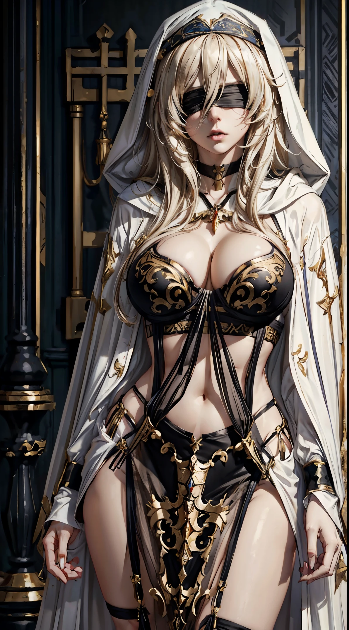 (masterpiece, top quality, best quality, official art, beautiful and aesthetic:1.2),full body, 1girl, priestess, long light blonde hair, messy hair, (wearing black blindfold:1.3), large breasts, cleavage, (white revealing robe, gold trim), (white hood:1.2), extreme detailed, colorful, perfect face, upper body, HDR, (light streaks), striking visuals, vibrant colors, temple background