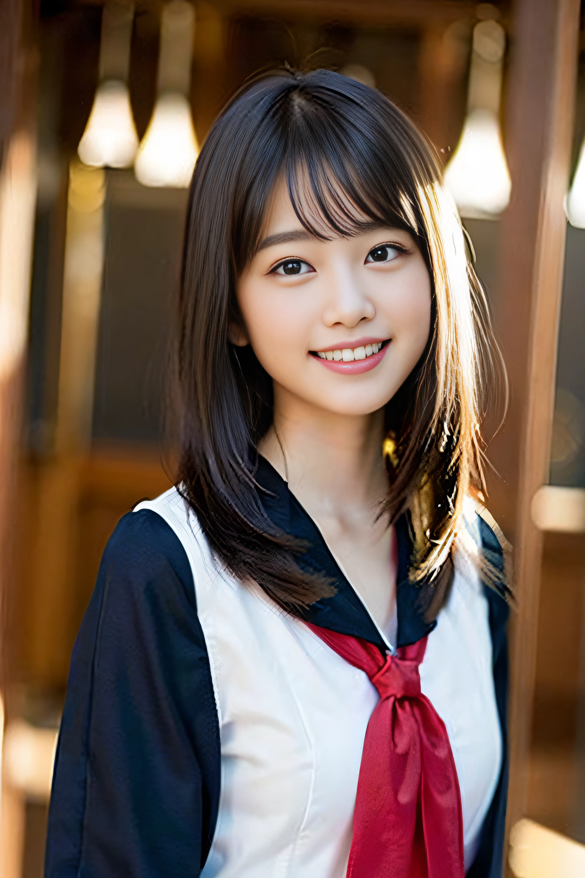 (8K、Raw photography、top-quality、​masterpiece:1.2)、(realisitic、Photorealsitic:1.37)、ultra-detailliert、超A high resolution、女の子1人、see the beholder、beautifull detailed face、A smile、Constriction、(Slim waist) :1.3)、Beautiful detailed skin、Skin Texture、Floating hair、Professional Lighting、Whole human body、Longhaire、japanese hight school uniform、hi-school girl、school classrooms、15yo student、E Cup Breast、Shy smile、a baby face、Bob Hair、Happy smile、Chest protruding pose、Red ribbons、Guitar