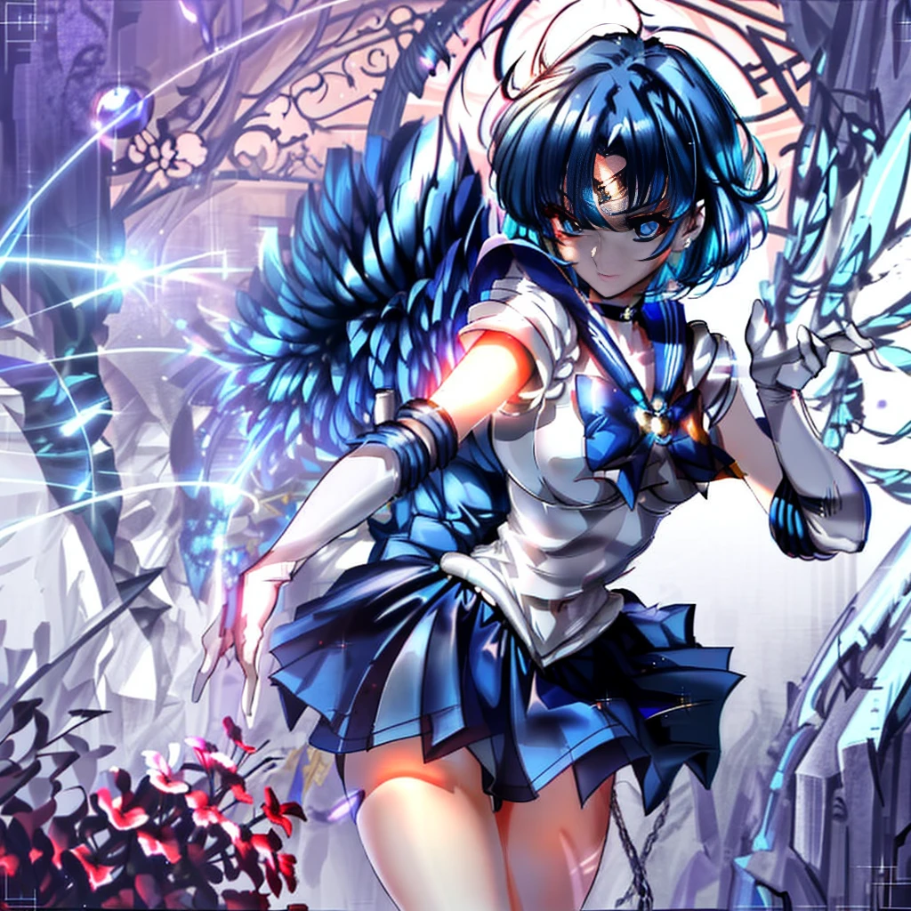 (8K, Best Quality, tmasterpiece:1.2),\(eye detailed\),\(Facial features\),(\(Detailed details of clothes\)\),(Colossal tits),full body Esbian, ,Sailor Senshi Clothing,(Facial Focus) ,Very detailed CG Unity 8K wallpaper,hugefilesize,ultra - detailed,hight resolution,absurderes,beautidful eyes,Ray traching,Dramatic shadows,Up to detail,Dramatic angles,Hyper-detailing,(Solo),anime styled、short-hair、Blue hair、Blue sailor color、Blue Ultra Short Mini Skirt、elbowgloves