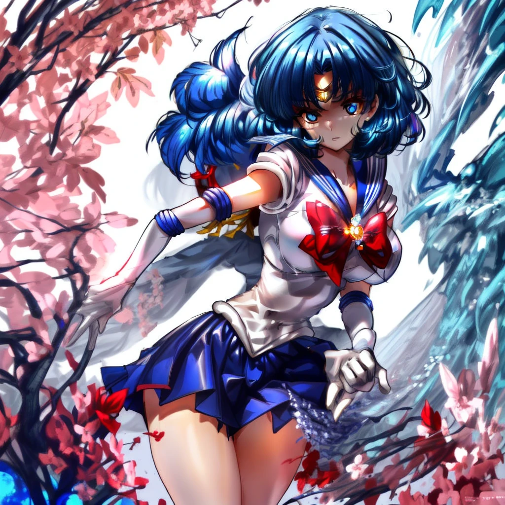 (8K, Best Quality, tmasterpiece:1.2),\(eye detailed\),\(Facial features\),(\(Detailed details of clothes\)\),(Colossal tits),full body Esbian, ,Sailor Senshi Clothing,(Facial Focus) ,Very detailed CG Unity 8K wallpaper,hugefilesize,ultra - detailed,hight resolution,absurderes,beautidful eyes,Ray traching,Dramatic shadows,Up to detail,Dramatic angles,Hyper-detailing,(Solo),anime styled、short-hair、Blue hair、Blue sailor color、Blue Ultra Short Mini Skirt、elbowgloves