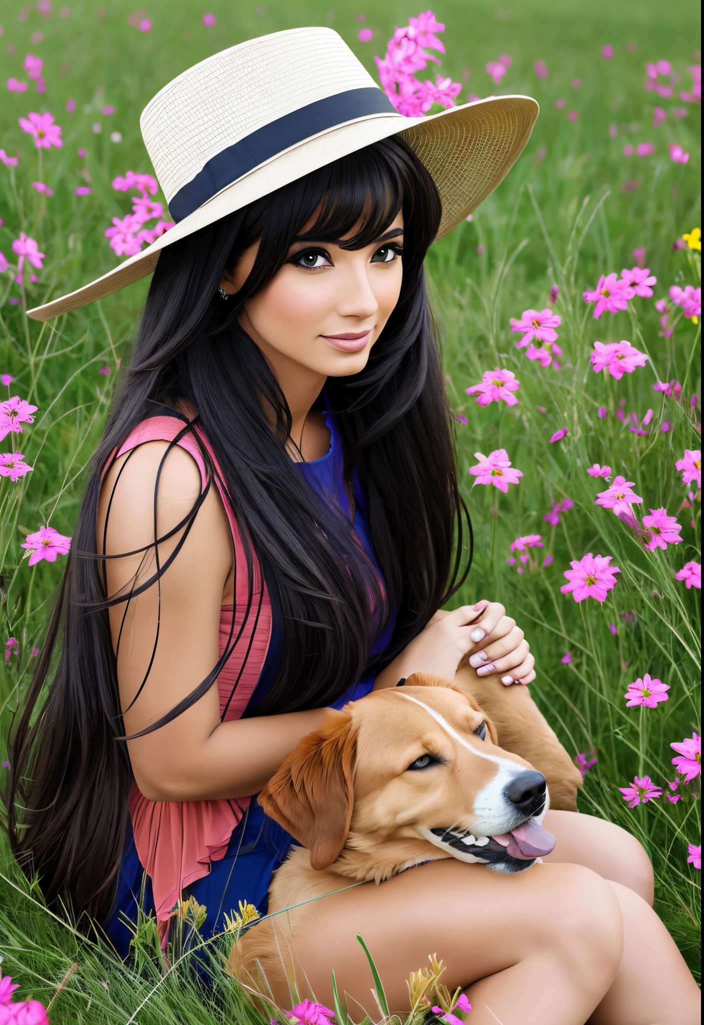 A delightful Italian young woman 32yo with long black hair and a dog sitting in a grass field with a lot of flowers --auto --s2