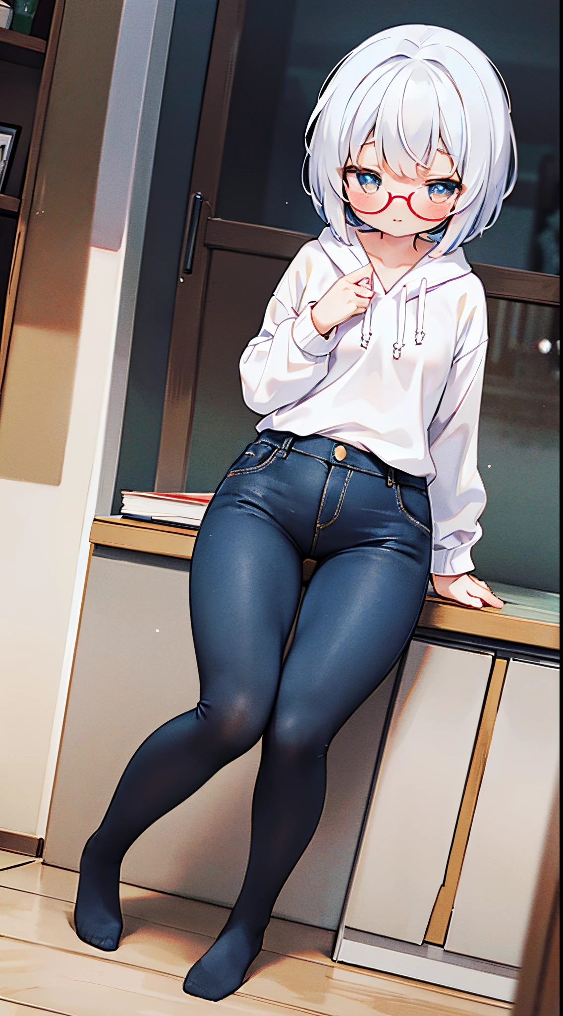 masutepiece,Best Quality,((Forehead)),(((Very small breasts))),40 years,1lady,Solo,Fashionable glasses,((White hair)),((Very Shorthair)),Blue Pupils,Larger hoodie,damage jeans,very slender figure,(slightly plump thighs),Twilight