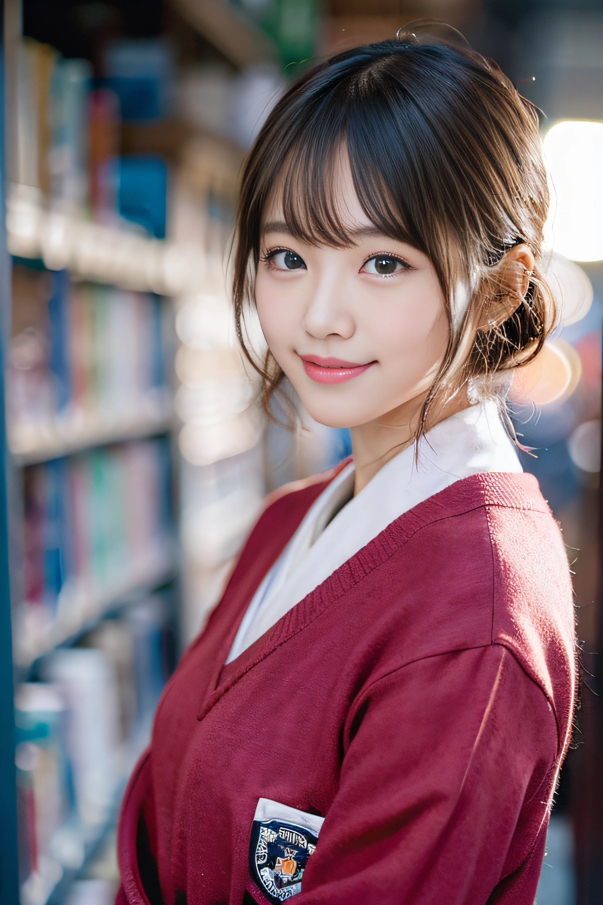 (8K、Raw photography、top-quality、masterpiece:1.2)、(realisitic、Photorealsitic:1.37)、ultra-detailliert、超A high resolution、女の子1人、see the beholder、beautifull detailed face、A smile、Constriction、(Slim waist) :1.3)、Beautiful detailed skin、Skin Texture、Floating hair、Professional Lighting、Whole human body、a blond、japanese hight school uniform、a sailor suit、matriculation、short-cut、Bob Hair、E-cup、Happy smile、sixteen years old、Red ribbons、a baby face、Childish smile、Suppin、Moisturizing lips、Thin pink lips、atlibrary、Lots of books