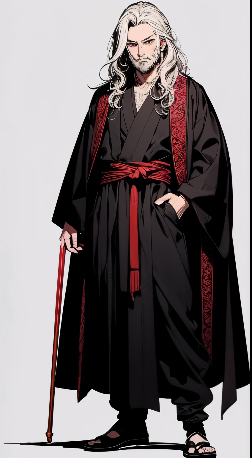 An white haired asian male with tanned skin,(the same person , 26 years old, having short white beard with long white hair and red eyes, wearing black robe), vagabond art style, kentaro miura art style, ( full body), detailed lighting and shadows, detailed, masterpiece,4k, good image, perfect face, good anatomy, full body, detailed, character design sheet, (the same character, front) front view, realistic