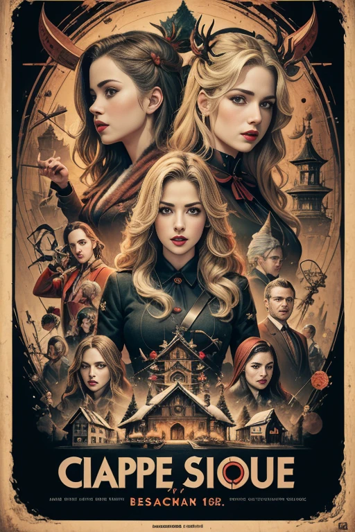 (masutepiece, Best Quality), Emily Bett Rickards、8K Wallpaper, Highly detailed, poster for, krampus, vintage horror, 1940's, christmas horror thriller movie poster, Bauhaus, shapes, lines, Abstract, propaganda, Gothic, Cinematic poster, Vintage,
