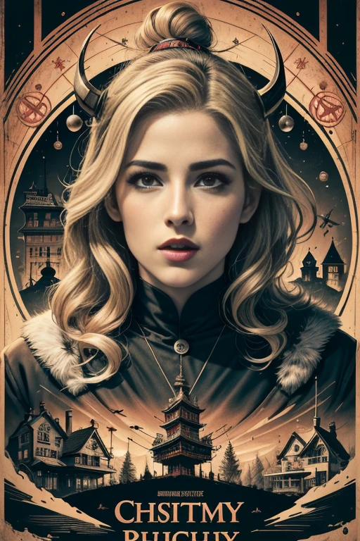 (masutepiece, Best Quality), Emily Bett Rickards、8K Wallpaper, Highly detailed, poster for, krampus, vintage horror, 1940's, christmas horror thriller movie poster, Bauhaus, shapes, lines, Abstract, propaganda, Gothic, Cinematic poster, Vintage,