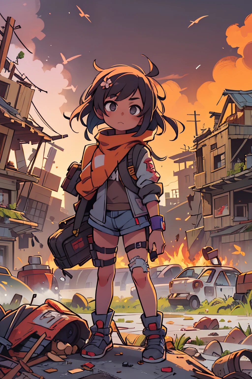 Little girl playing in a scrap heap, post-apocalyptic, scrap-punk, destroyed buildings, smoke, orange sky