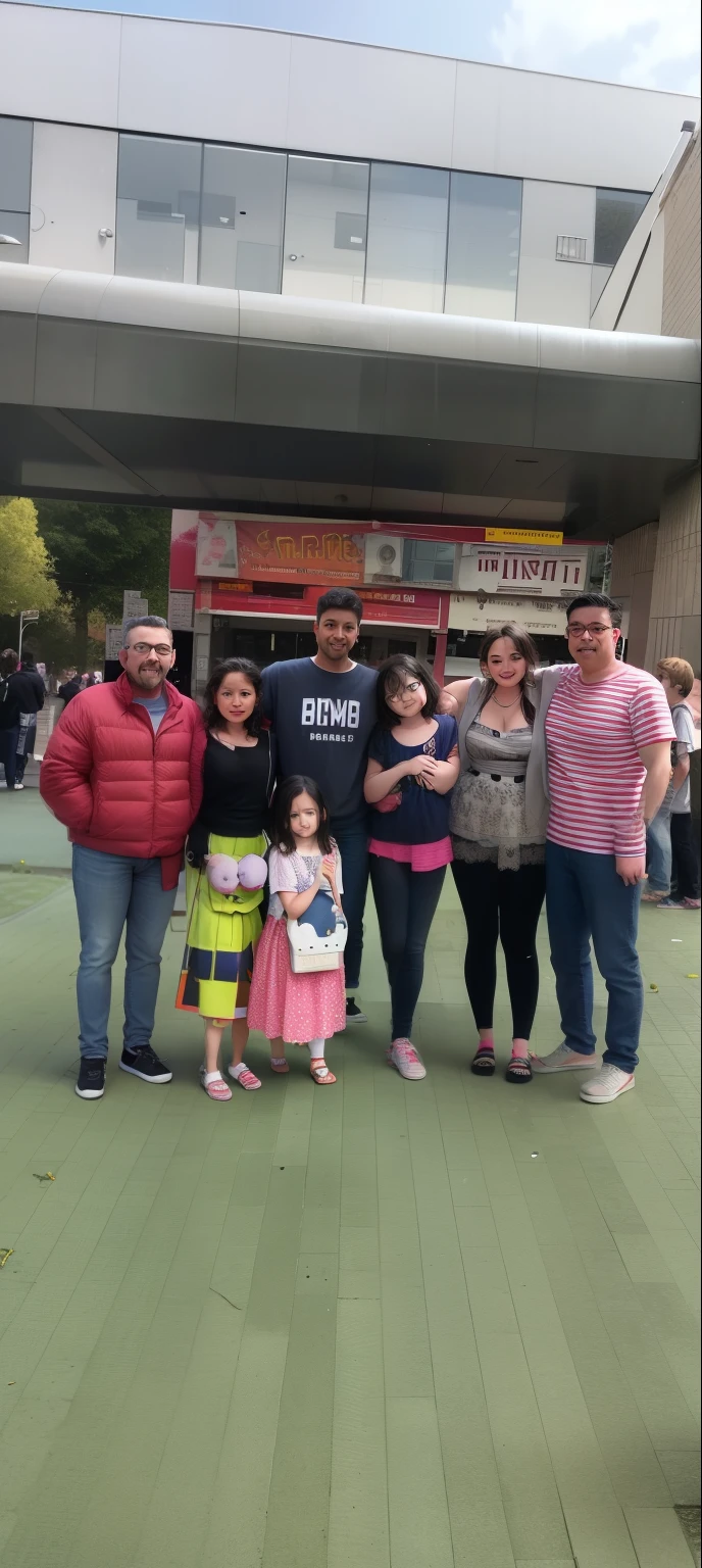 several people in front of a building with a child, of a family standing in a park, Directed by: Nandor Soldier, Happy family, Fotografia tirada em 2 0 2 0, belos arredores, festival, jovial, Alarcon Cartunista, Directed by: Veronica Ruiz de Velasco, Family photo, divertindo-se