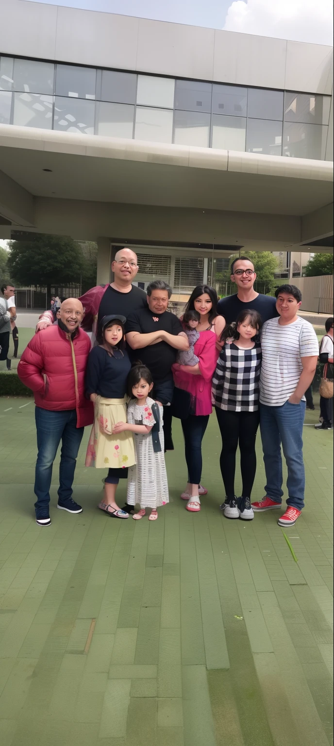 several people in front of a building with a child, of a family standing in a park, Directed by: Nandor Soldier, Happy family, Fotografia tirada em 2 0 2 0, belos arredores, festival, jovial, Alarcon Cartunista, Directed by: Veronica Ruiz de Velasco, Family photo, divertindo-se